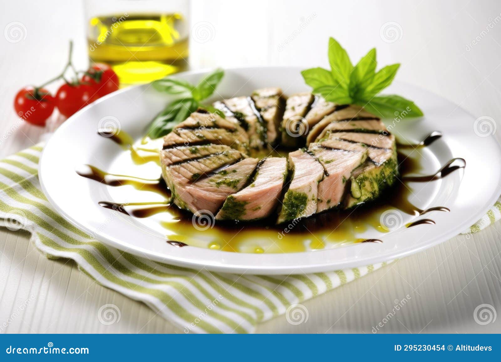 Grilled Tuna Steak Served with a Swirl of Wasabi Paste Stock Photo