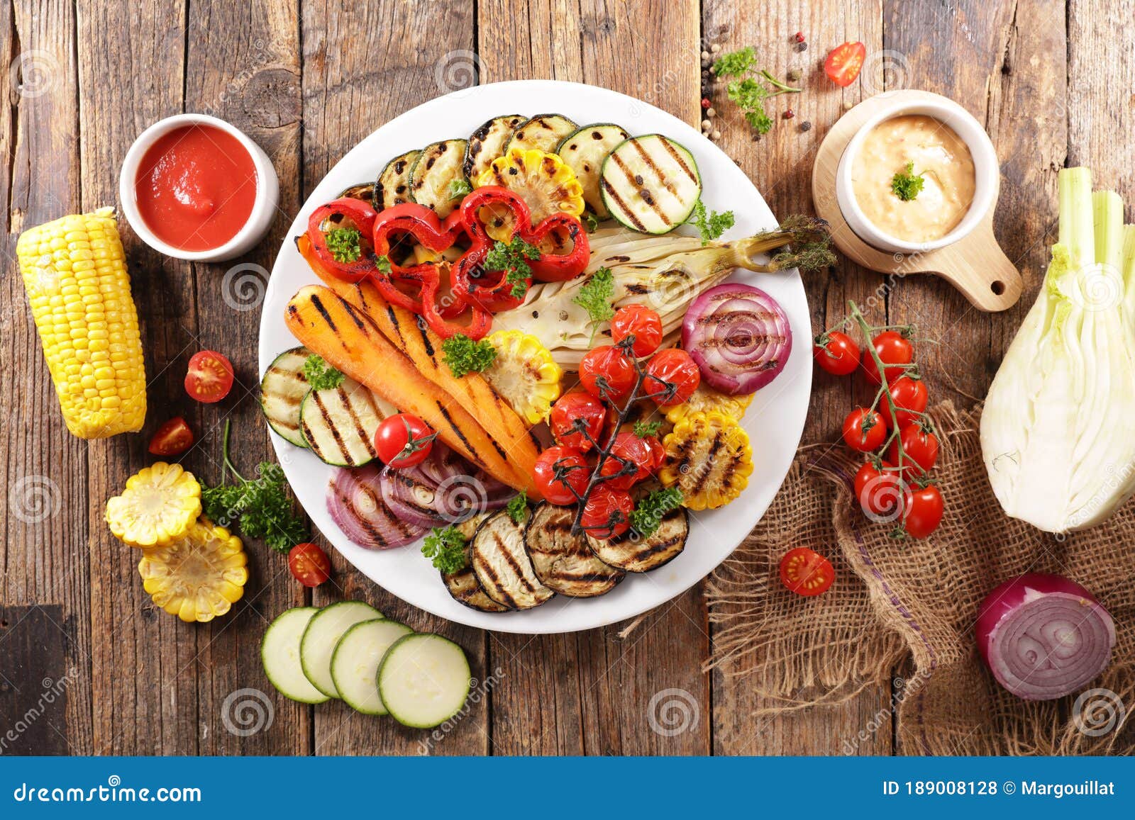 Grilled vegetable and dip stock photo. Image of corn 189008128