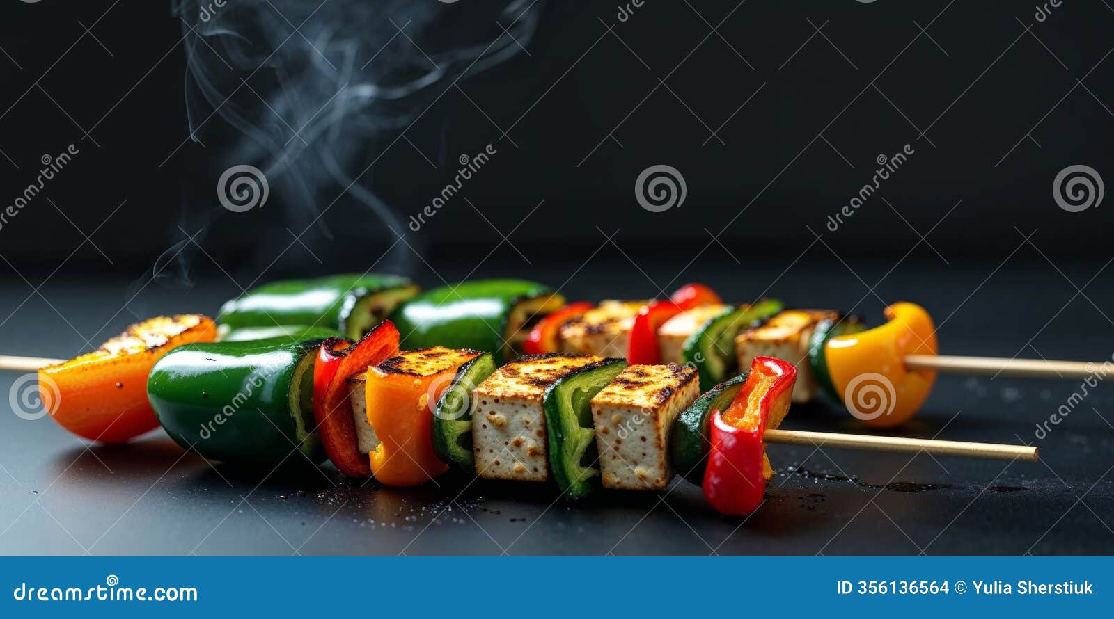 grilled vegetable and tofu skewers with colorful bell peppers and smoky finish on black background.