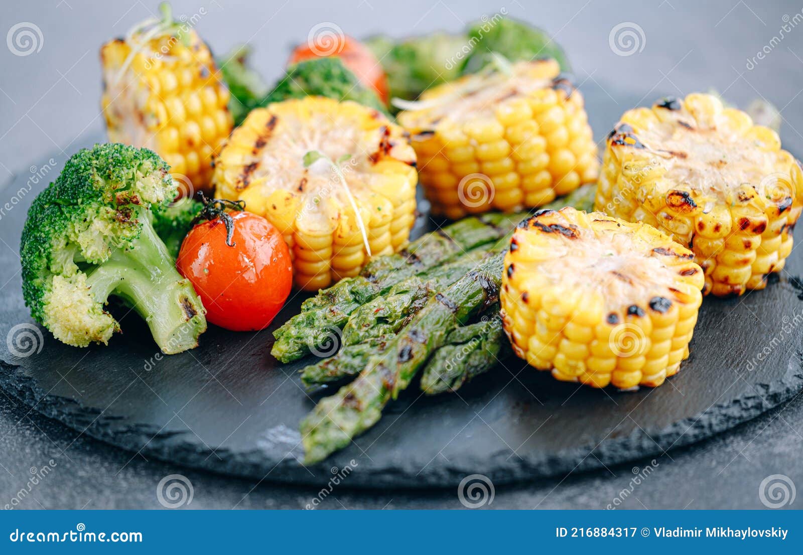 Grilled Vegetables Corn, Tomatoes, Broccoli and Asparagus Stock Image