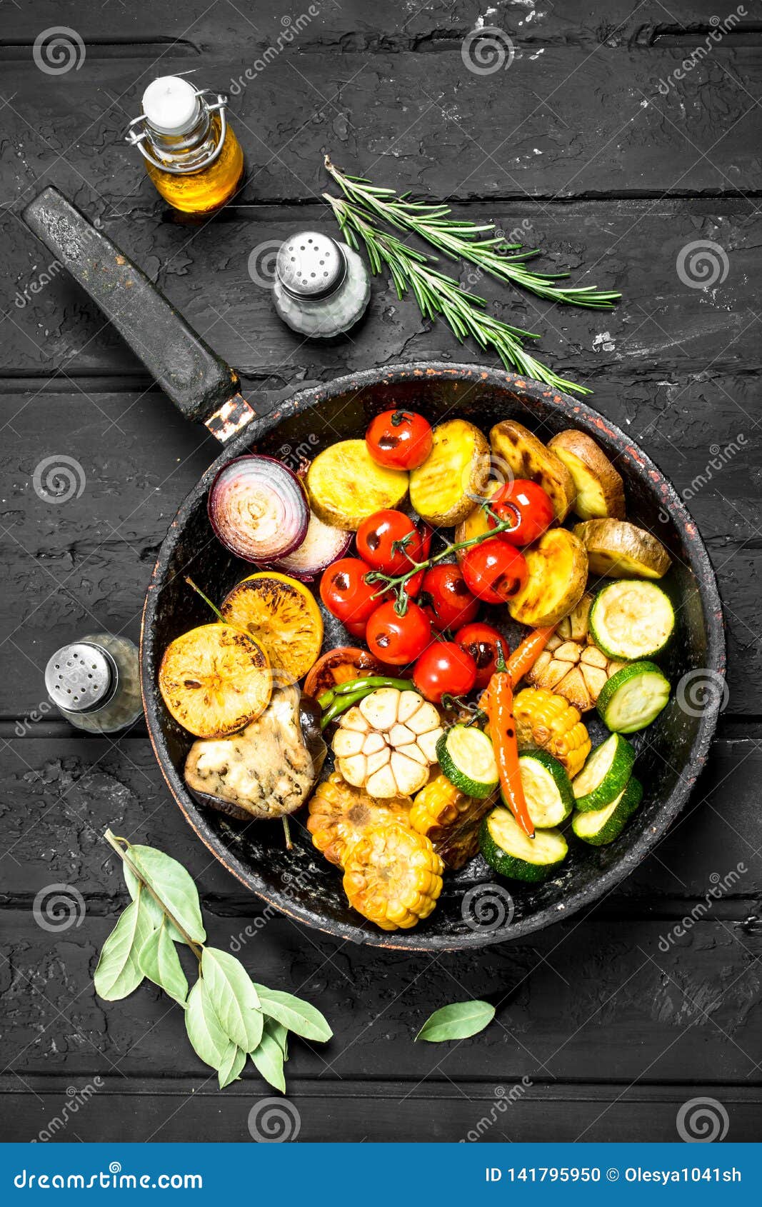 Grilled Vegetables in a Pan with Herbs and Spices Stock Photo Image