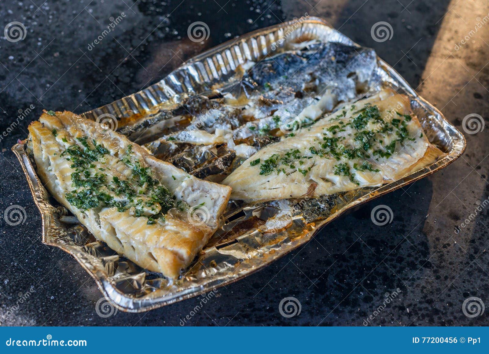 Grilled White Codfish Cod Fish Silver Tray Coaster Single Use Stock