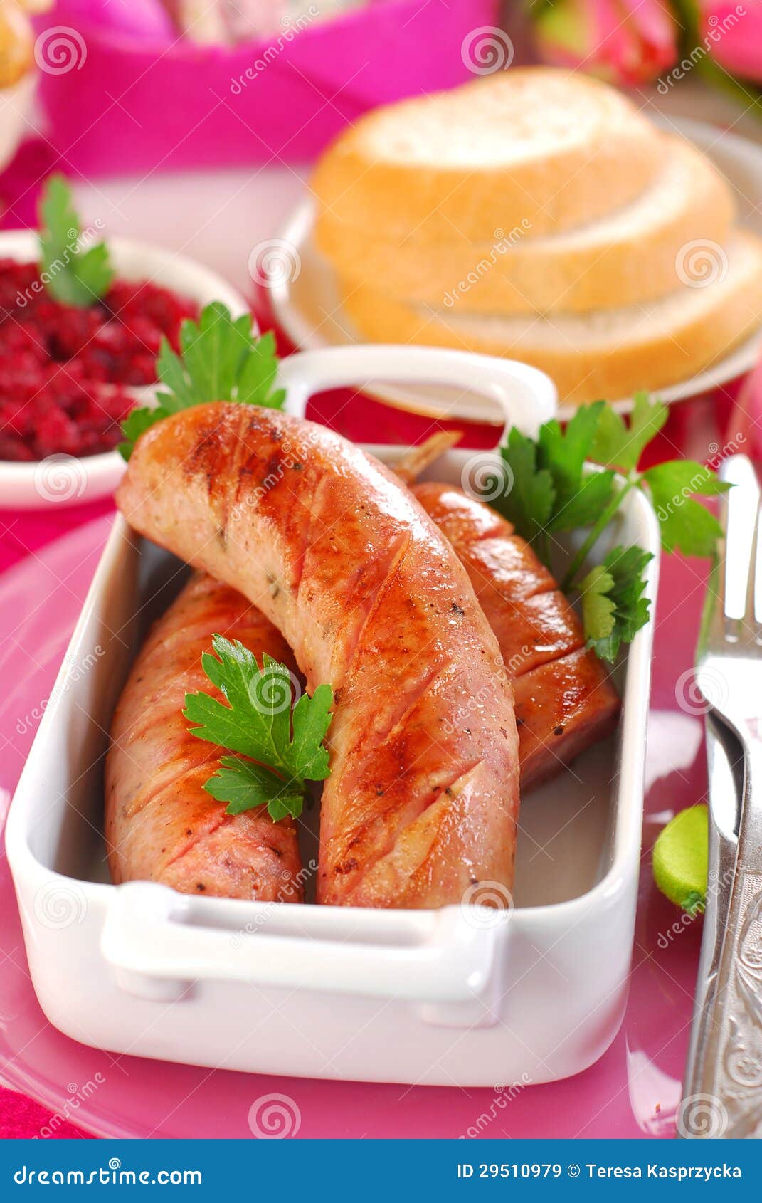 Grilled White Sausage with Beetroot Sauce for Easter Stock Image