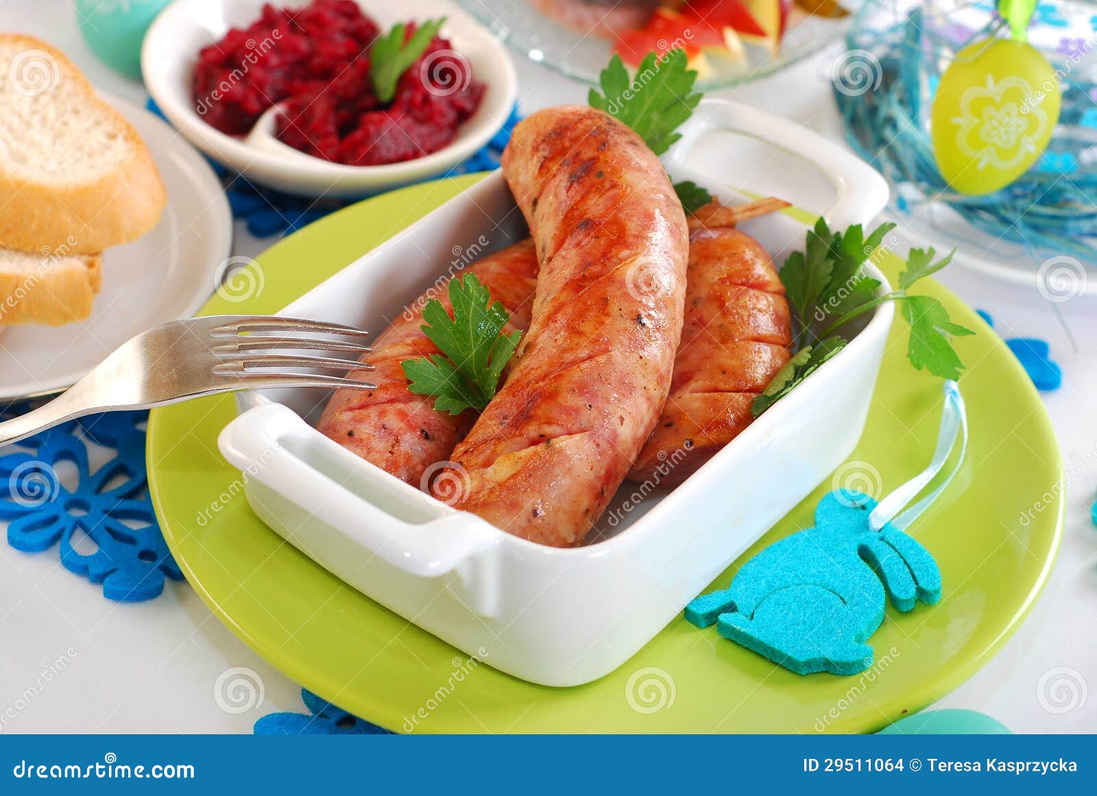 Grilled White Sausage with Beetroot Sauce for Easter Stock Photo