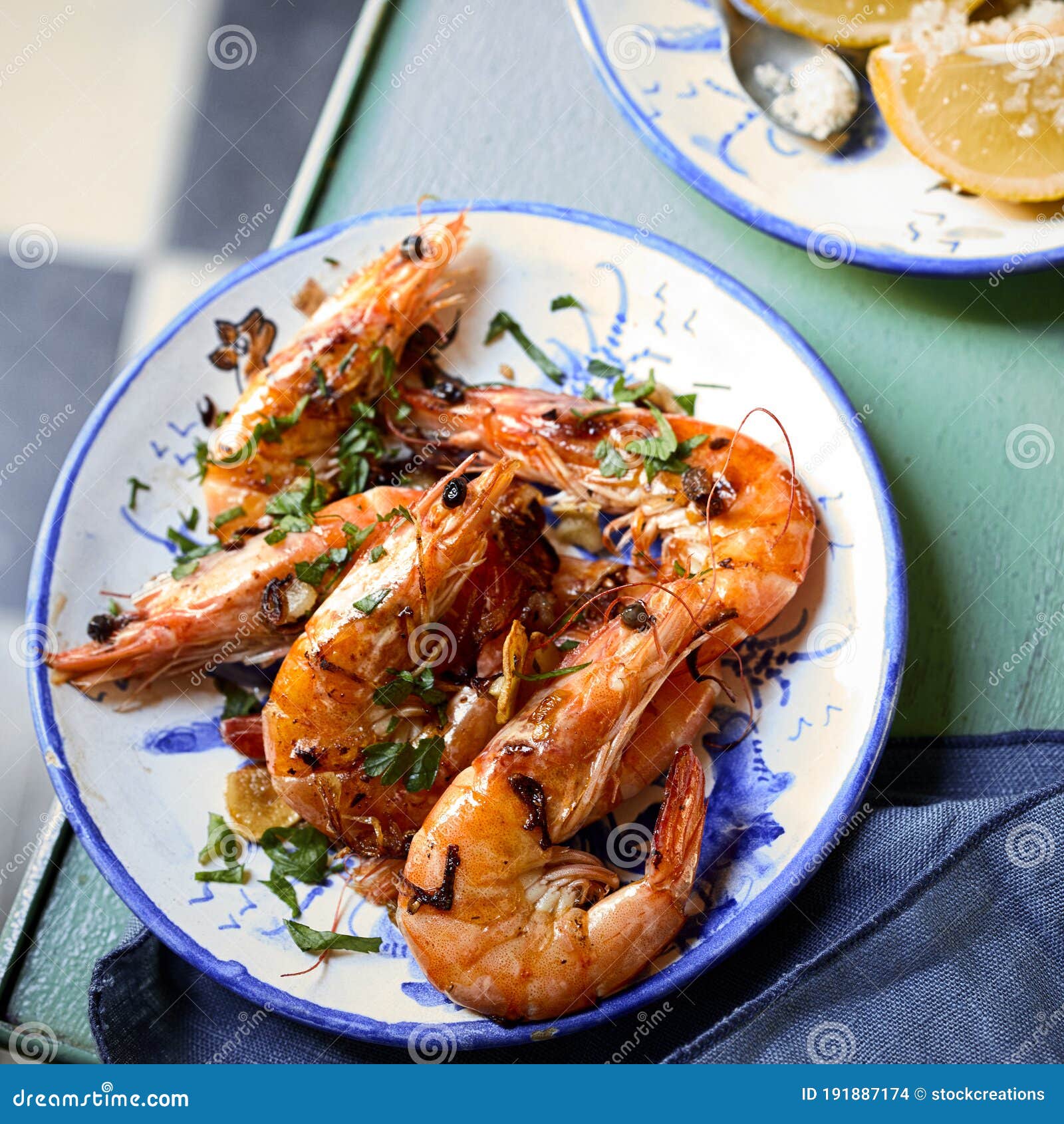 grilled whole pink prawns seasoned with herbs