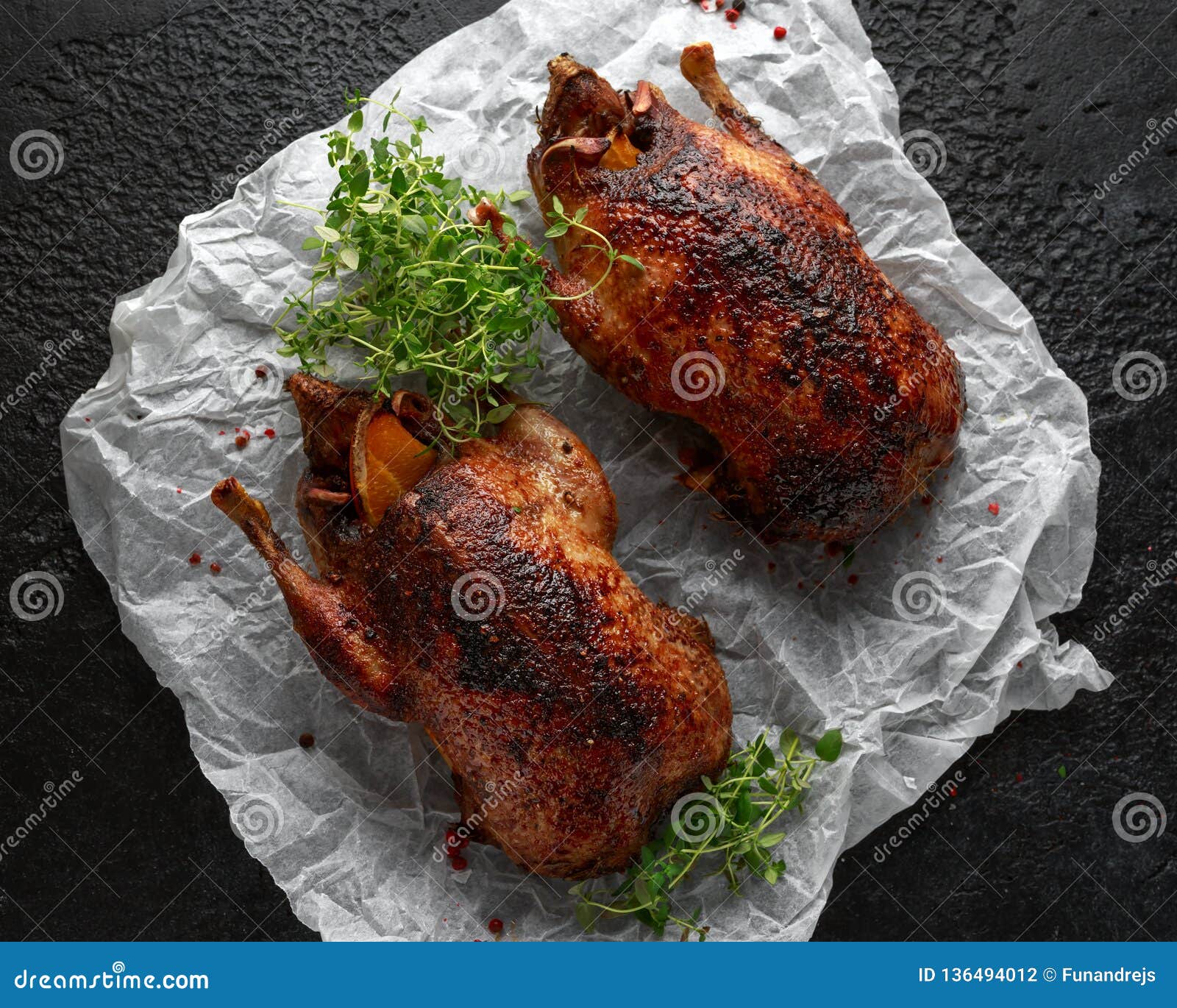 Grilled Wild Mallard Ducks with Orange and Herbs. Stock Photo Image