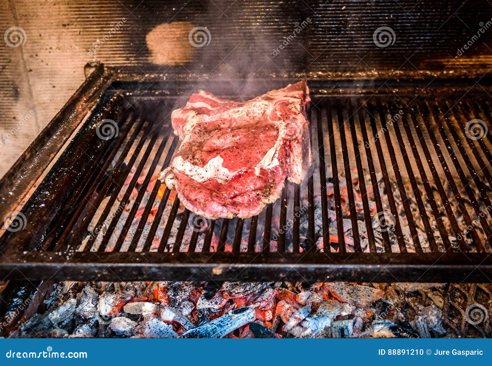 Grilling Big T Bone Steak On Natural Charcoal Barbecue Grill Stock Photo Image Of Food Pork 88891210