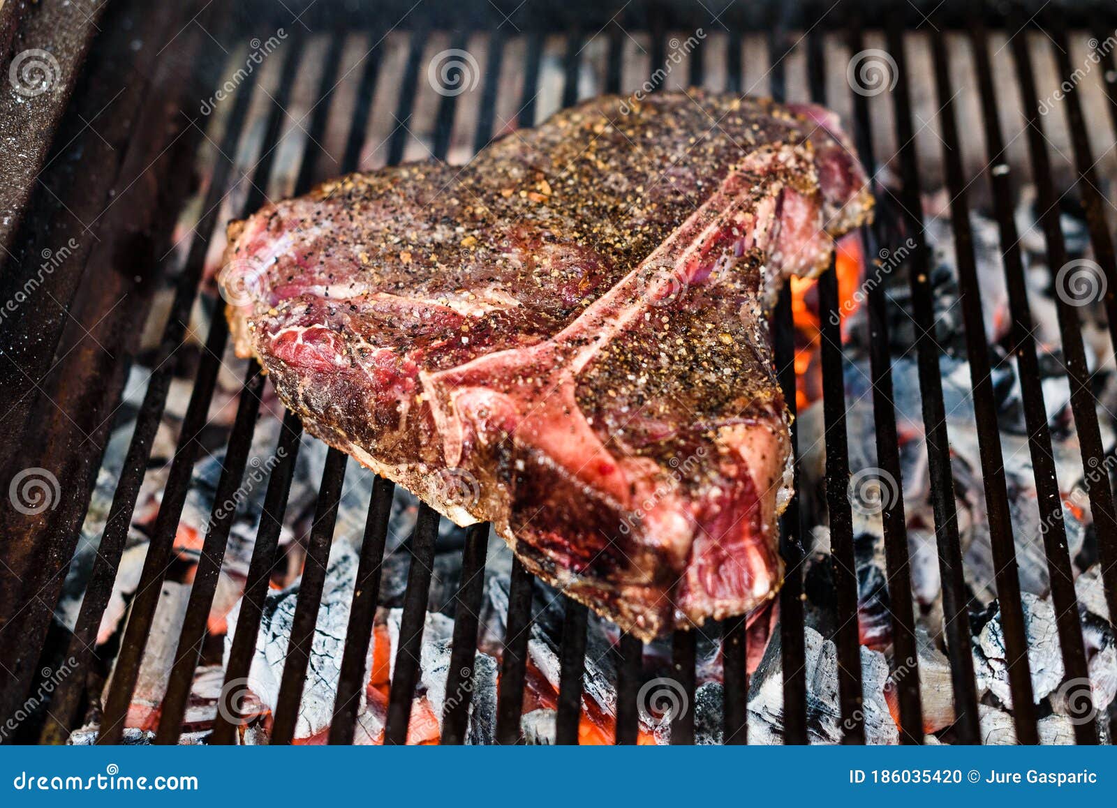 Grilling Big T Bone Steak On Natural Charcoal Barbecue Grill Stock Photo - Image of closeup ...