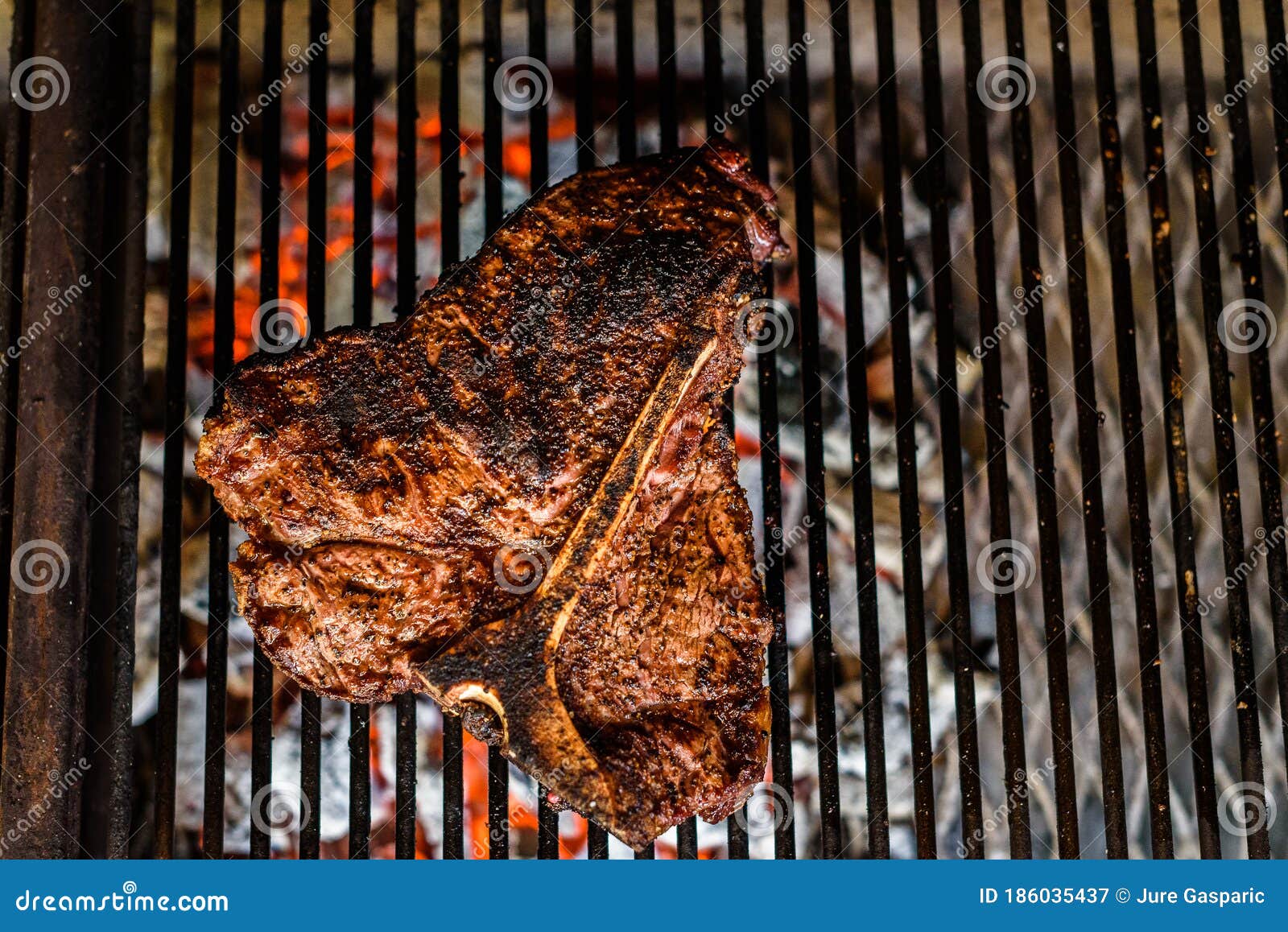 Grilling Big T Bone Steak On Natural Charcoal Barbecue Grill Stock Image - Image of fire ...