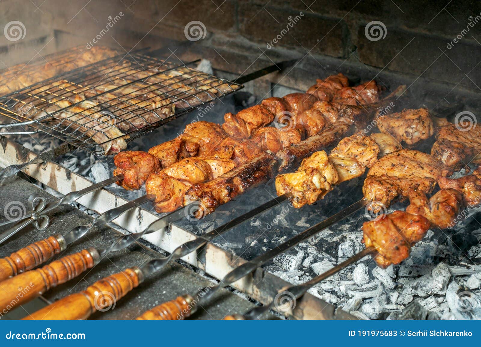 Shashlik or shashlyk (meaning skewered meat) was originally made of lamb,  Stock Photo, Picture And Low Budget Royalty Free Image. Pic. ESY-063164676