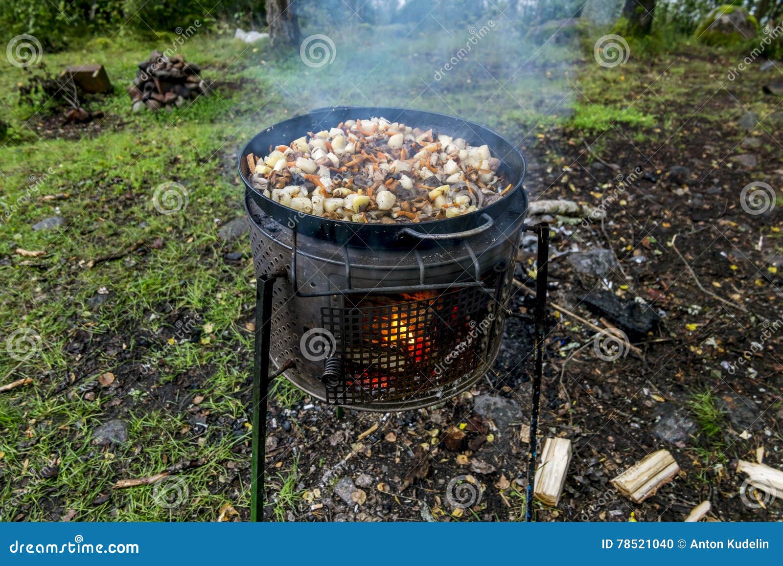Grilling on the Open Fire the Food in the Forest Stock Photo Image of