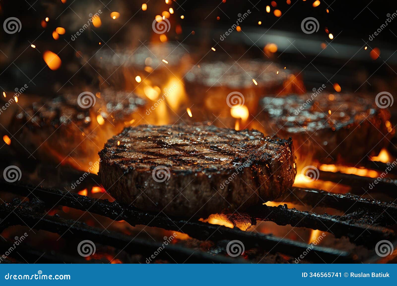 grilling perfection: steaks and meat hover above the grill as sparks fly through air, fiery excitement and dynamic