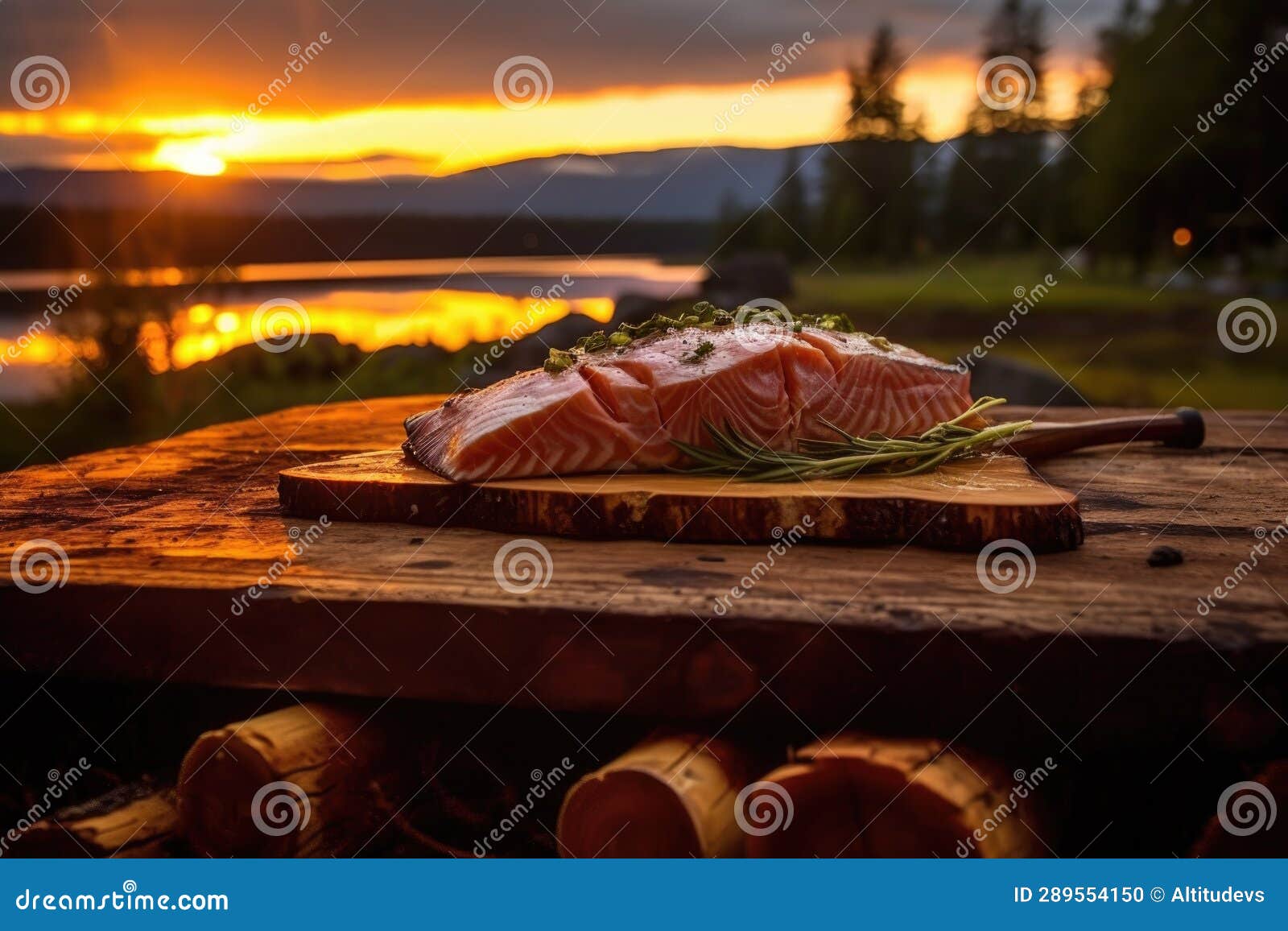 Grilling Salmon on Cedar Plank during Sunset Outdoor Stock Photo