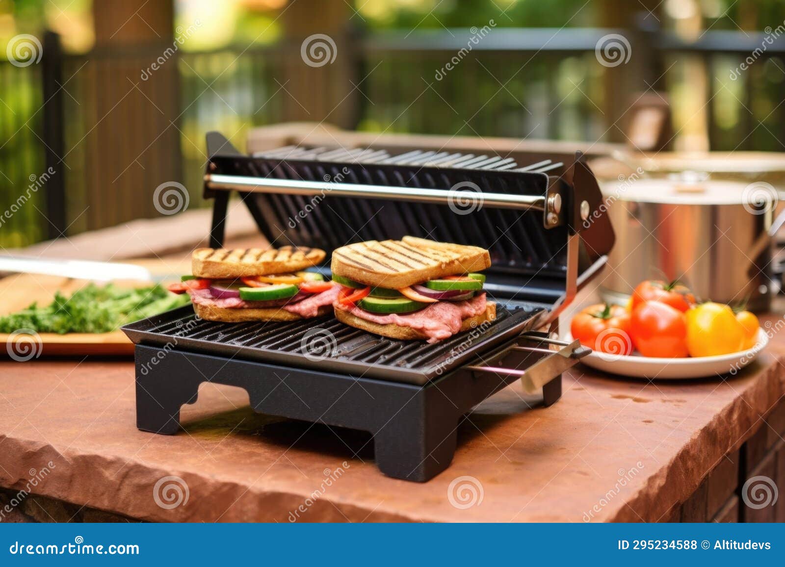 Grilling Setup with a Brick Pressing Down a Sandwich Stock Photo