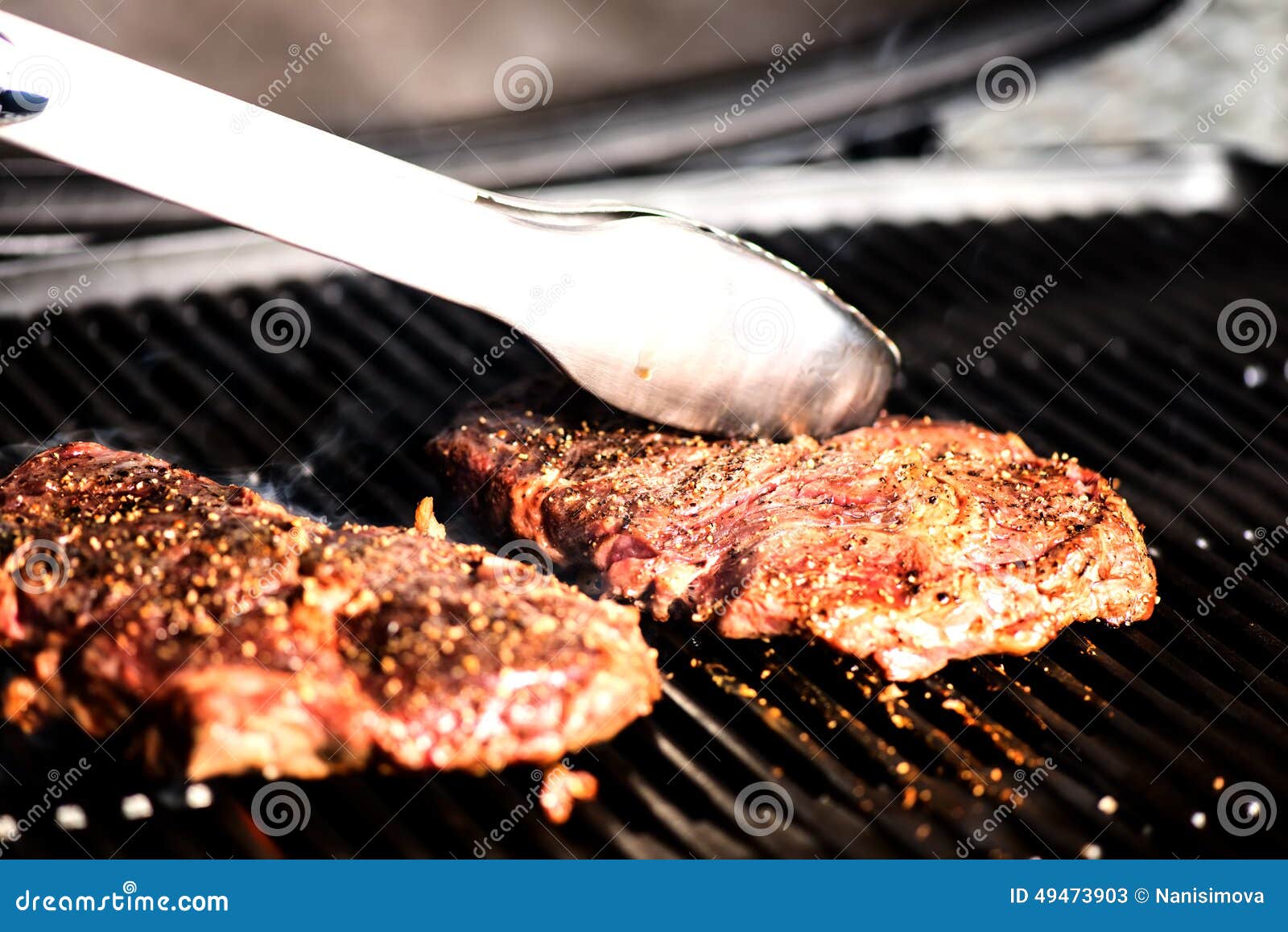 Grilling Steak on BBQ with Tongs Stock Image Image of barbeque, steak 49473903