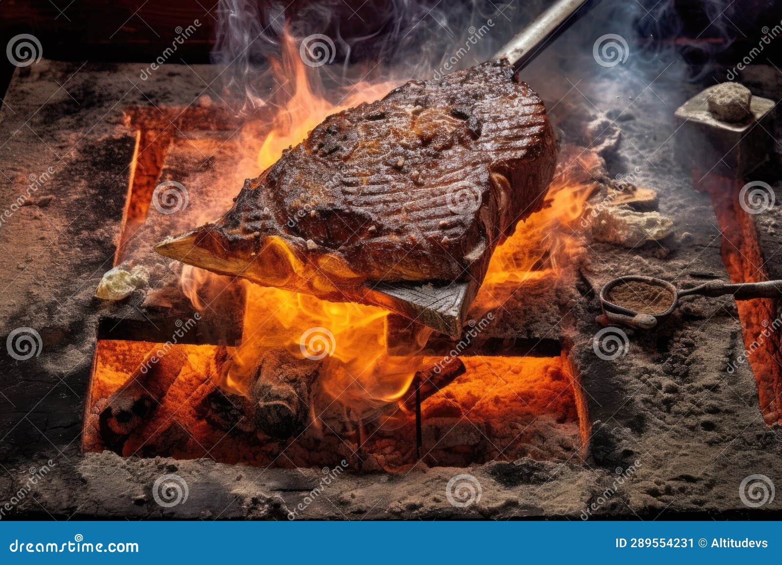 Grilling Tbone Steak with Charcoal and Fire Sparks Stock Image Image