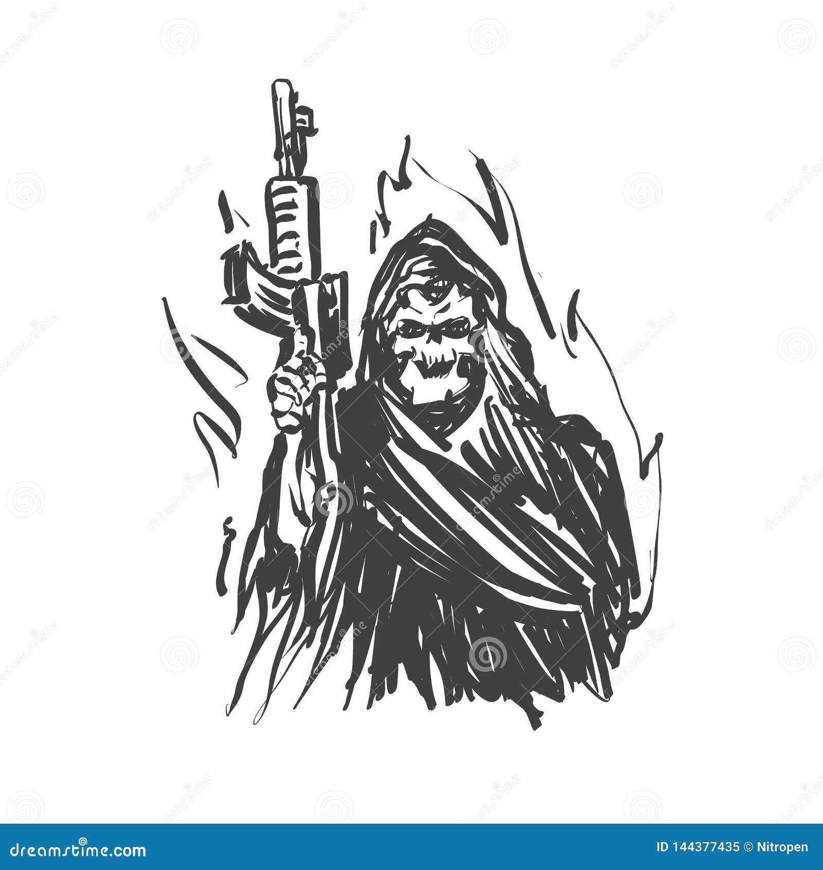 Grim reaper holding machine gun - Vector illustration.