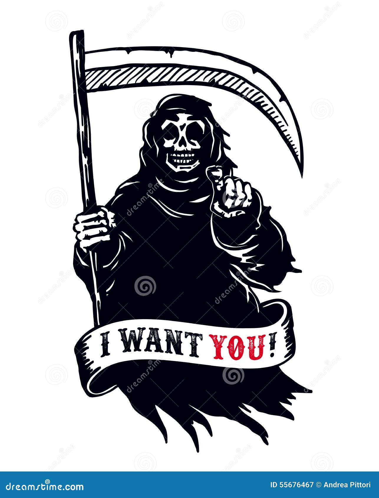 grim reaper with scythe, death pointing finger. i want you dead!