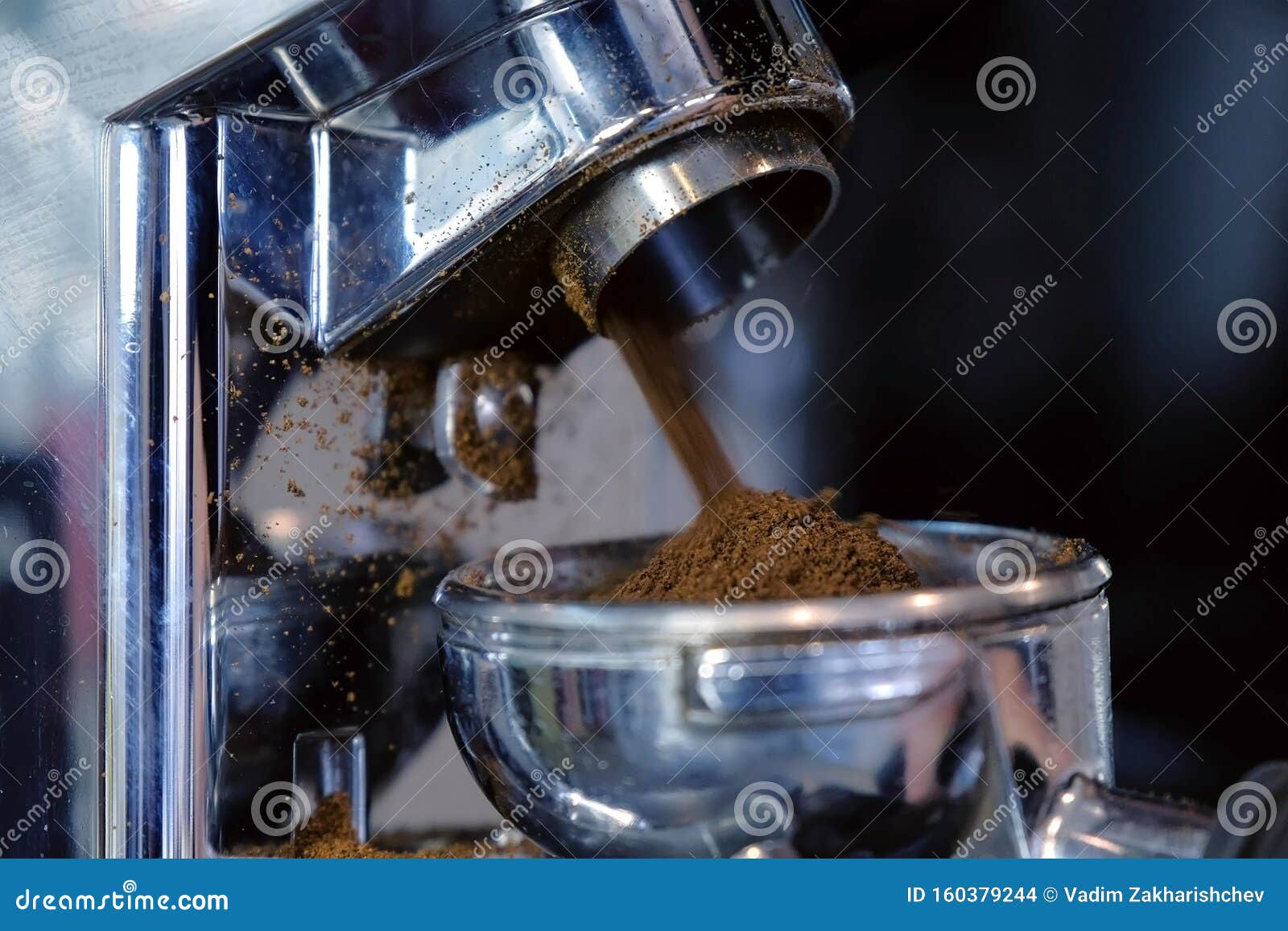 Grinding Coffee Beans Using Coffee Grinder and Holder. Stock Photo Image of cafeteria, grinder