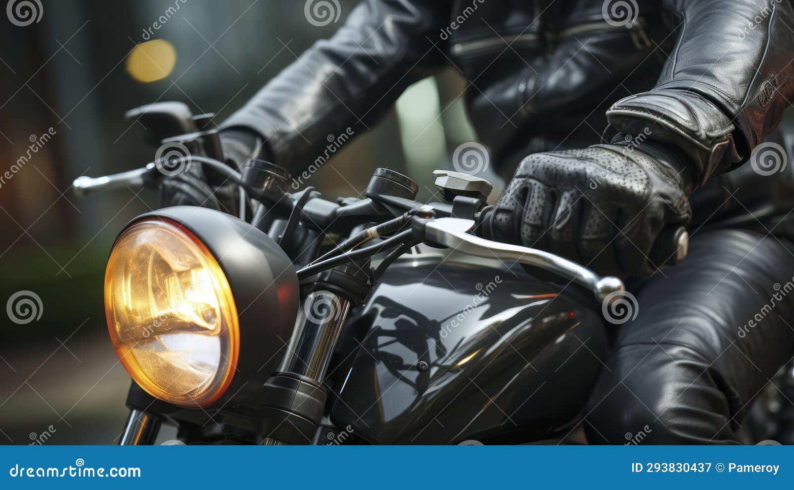 Grip of Control. Gloved Hand on the Throttle Grip of a Motorbike Stock