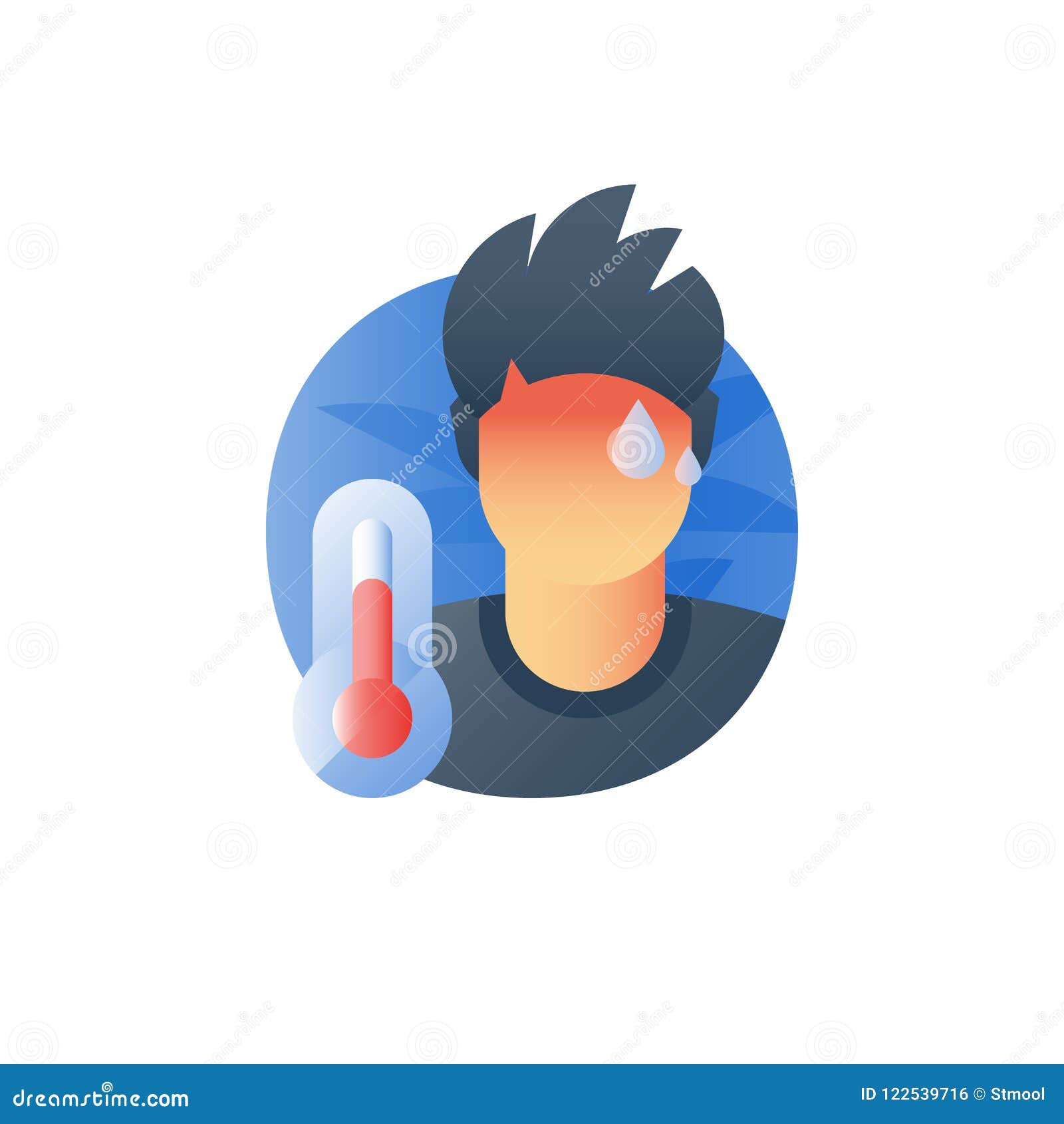 Grippesymptome Fieberkonzept Thermometer Der Hohen Temperatur Kranke Schwitzende Person Fangen Eine Kalte Das Kaminvirus Und Vektor Abbildung Illustration Von Konzept Kopf 122539716