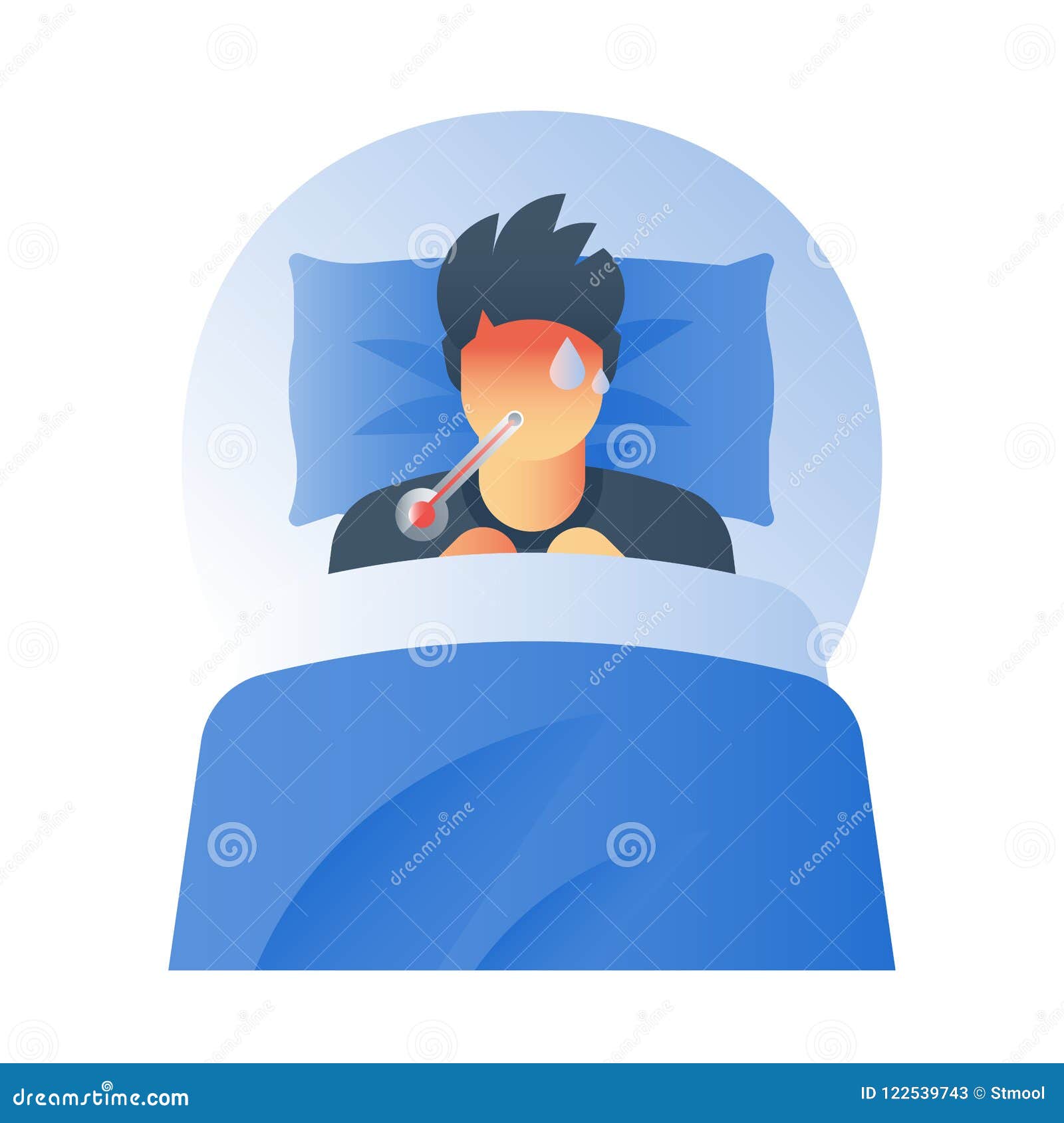 Grippesymptome Fieberkonzept Thermometer Der Hohen Temperatur Kranke Schwitzende Person Fangen Eine Kalte Das Kaminvirus Und Vektor Abbildung Illustration Von Heilung Hilfe 122539743
