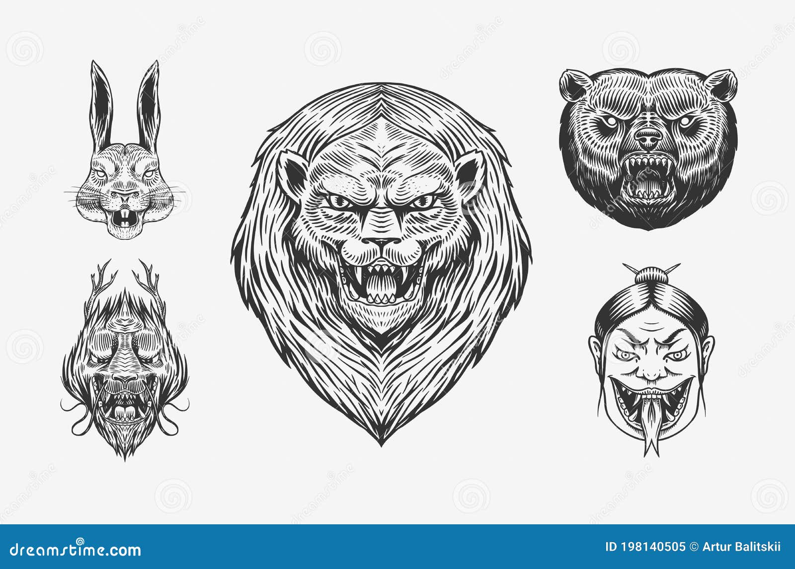 Grizzly Bear, Lion and Hare. Screaming Mad Leo and Rabbit. Chinese Dragon.  Japanese Woman Snake. Animal for Tattoo or Stock Vector - Illustration of  animal, drawing: 198140505