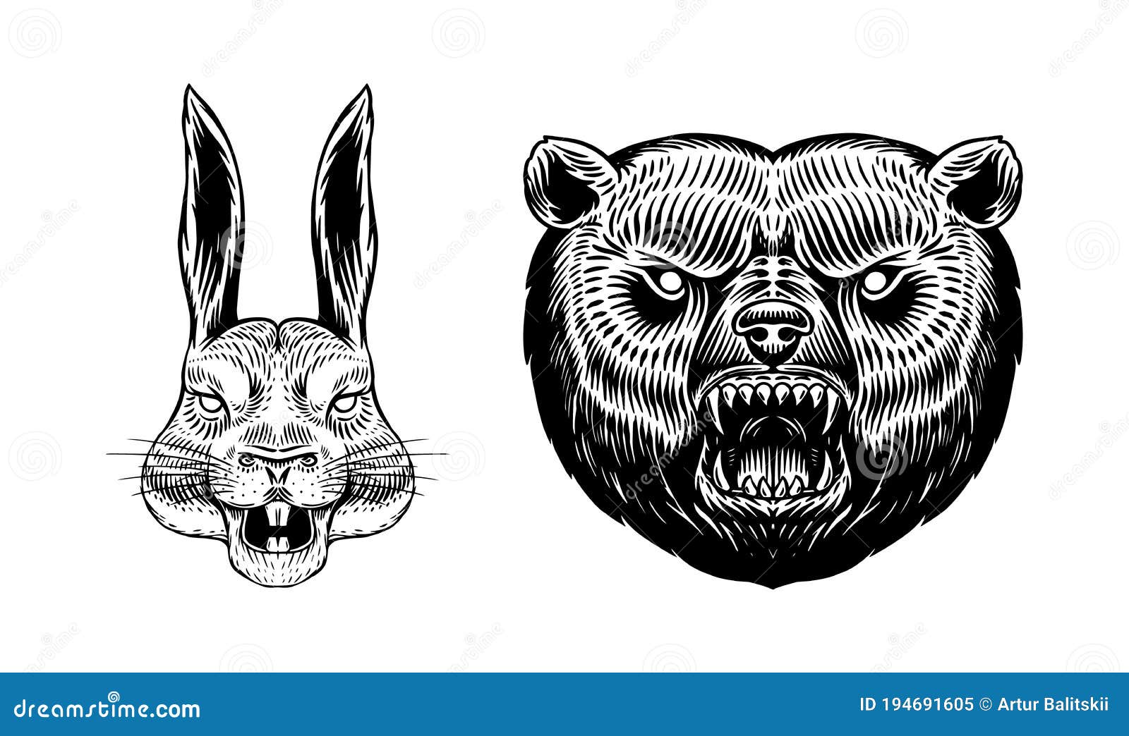 grizzly brown bear and hare or rabbit. screaming mad animal for tattoo or label. roaring beast. engraved hand drawn line