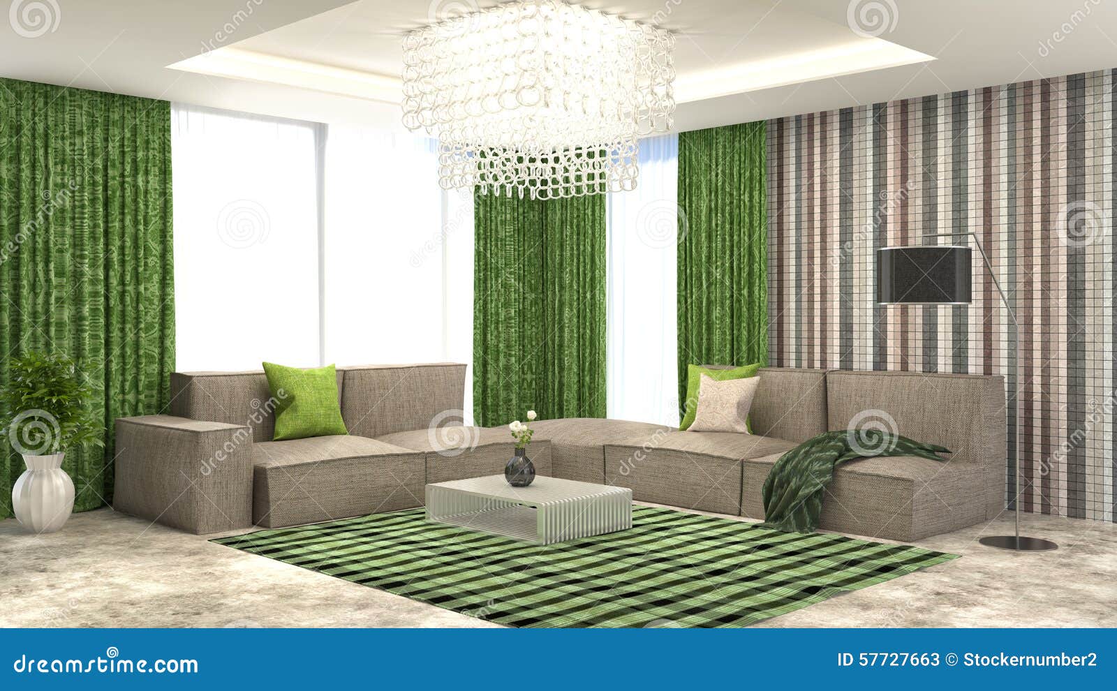 Grön inre med soffan och röda gardiner illustration 3d stock ...