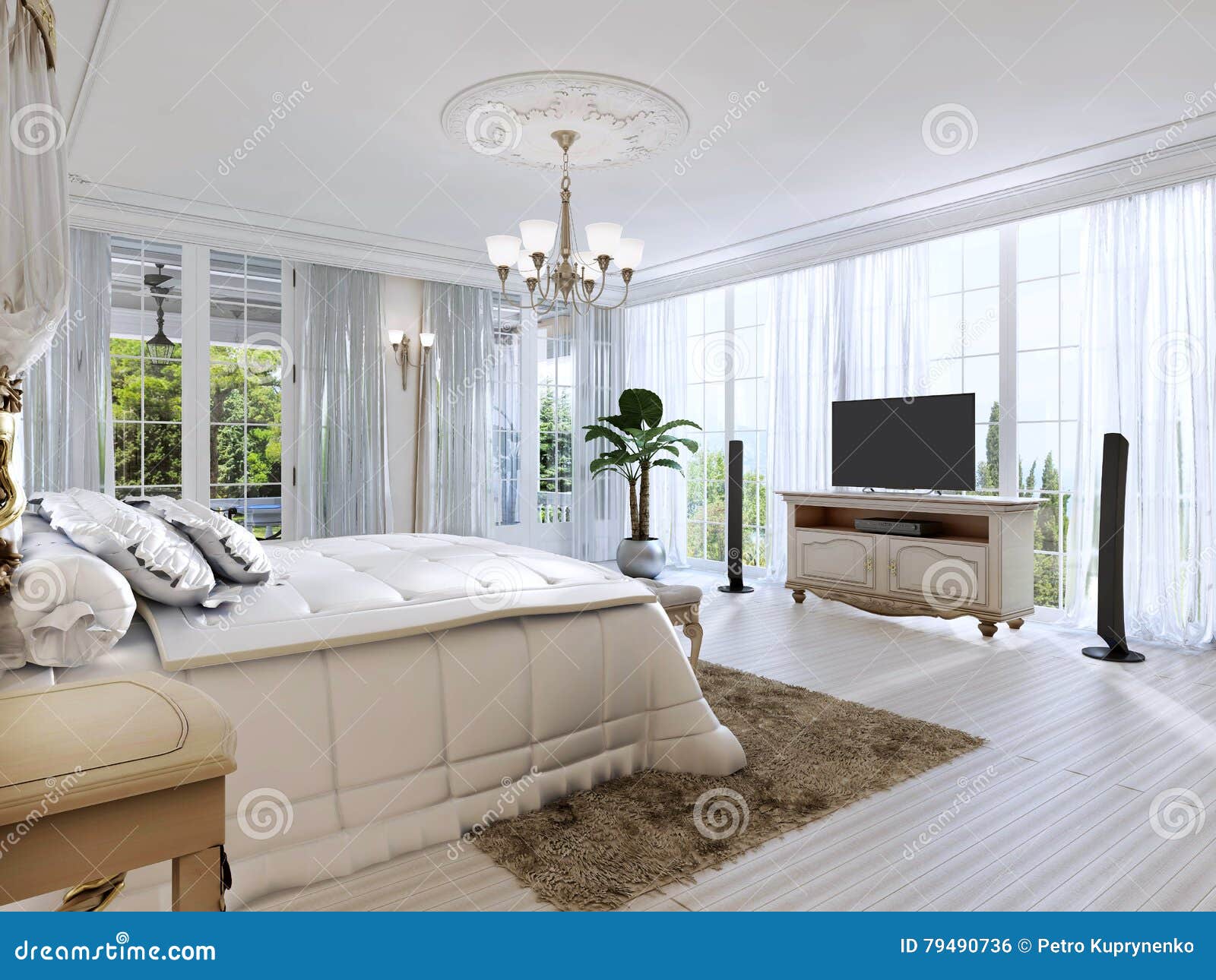 Großes Schlafzimmer Mit Panoramischem Windows Und Schönen