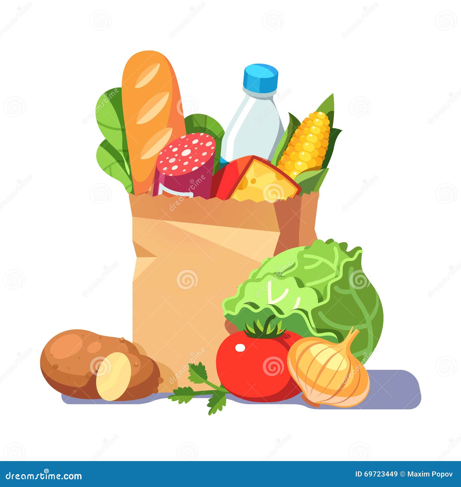 Groceries in a paper bag stock vector. Illustration of cheese - 69723449