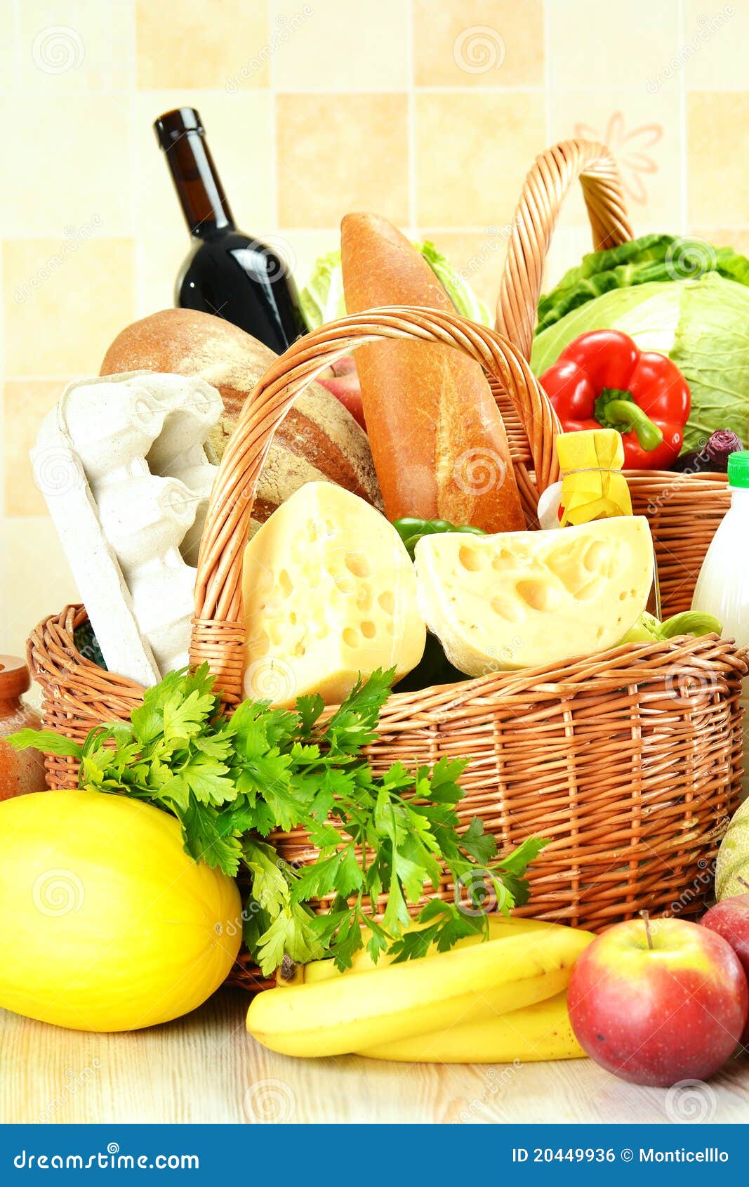 Groceries in wicker basket stock photo. Image of culinary 20449936