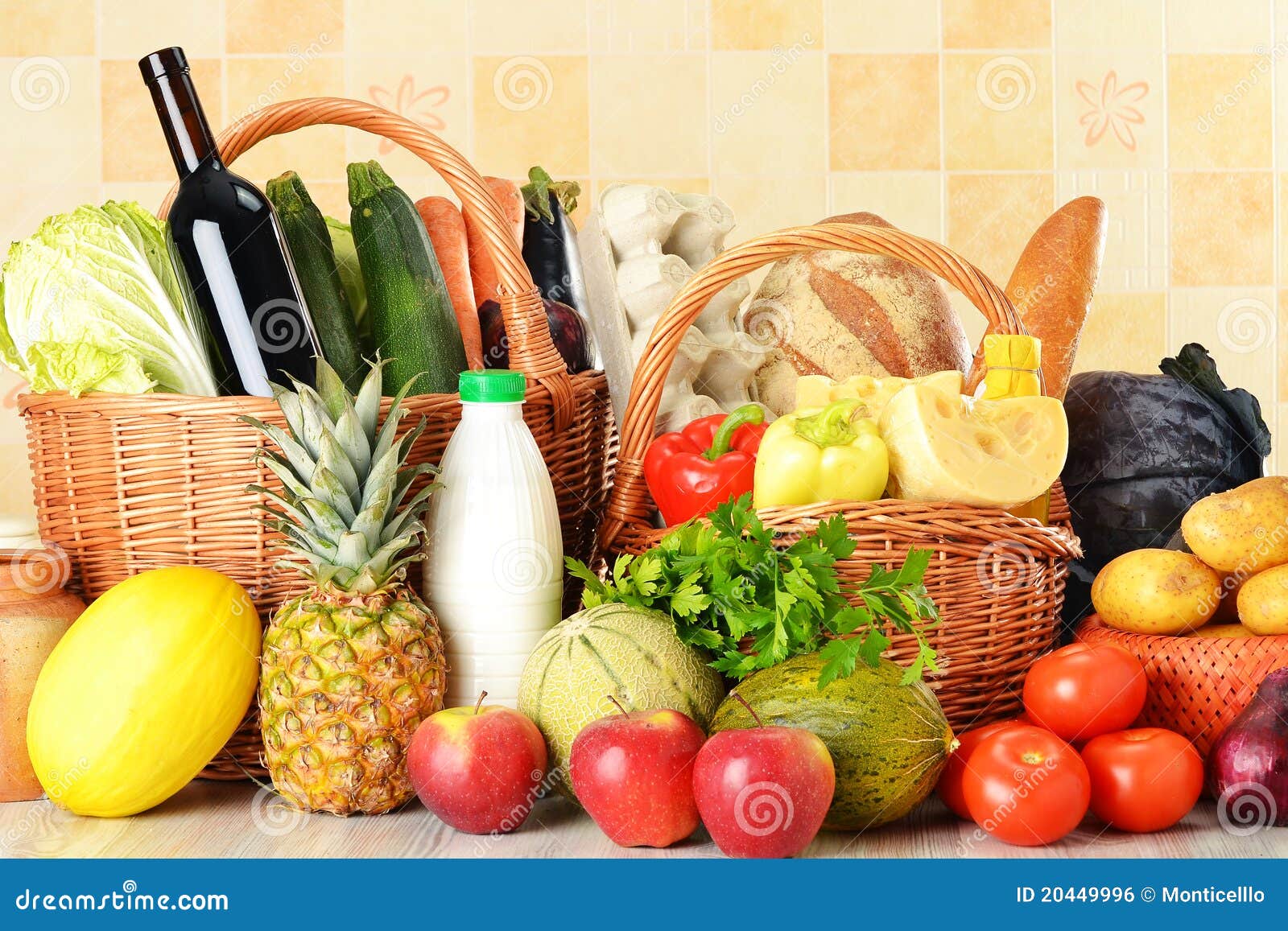 Groceries in wicker basket stock photo. Image of mineral 20449996