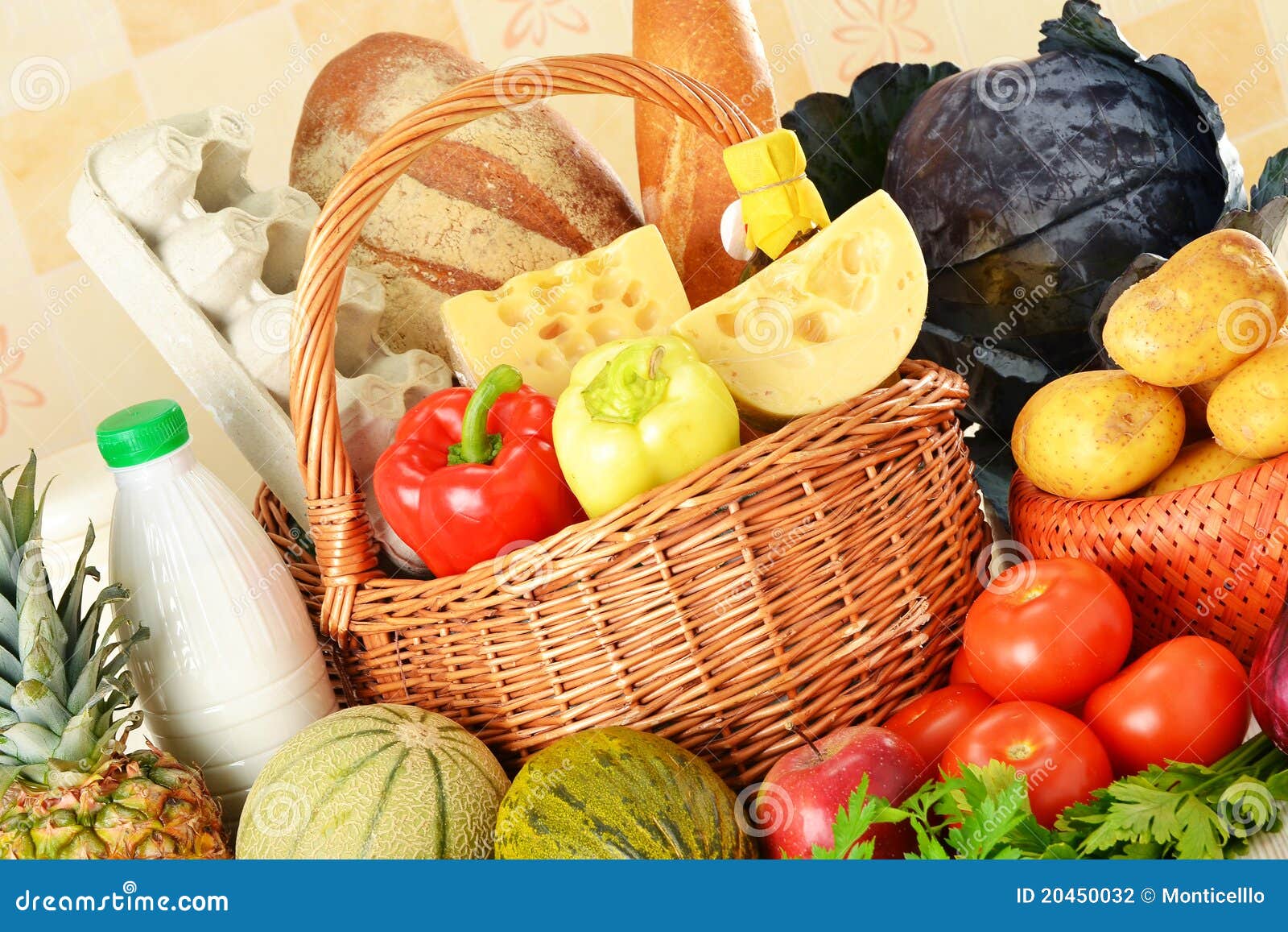 Groceries in wicker basket stock photo. Image of grocery 20450032