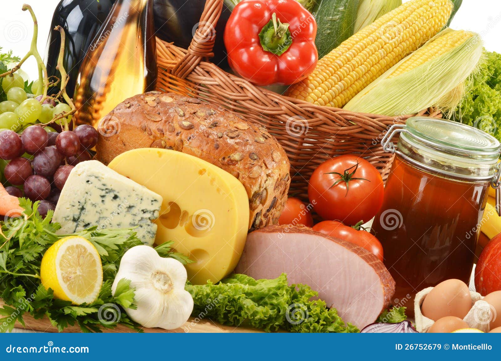 Groceries in Wicker Basket on Kitchen Table Stock Image Image of