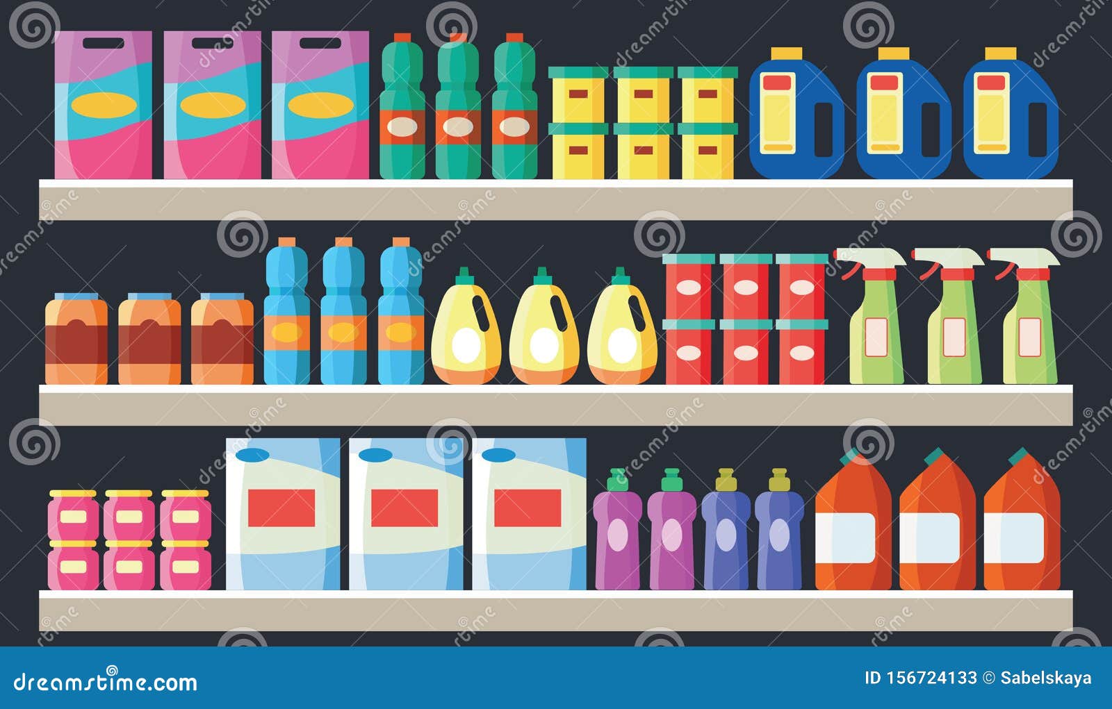 Grocery Items, Cleaning Products on Supermarket Shelves Flat Vector  Illustration. Stock Vector - Illustration of full, bottle: 156724133