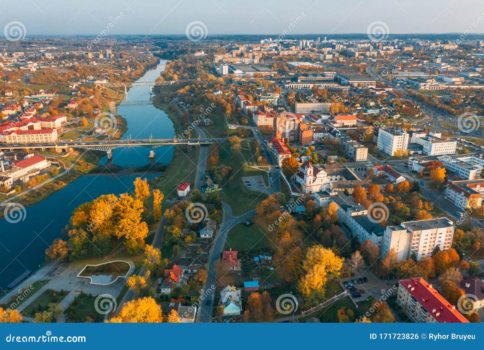 Grodno Belarus Aerial Bird`s Eye View Of Hrodna Cityscape Skyline