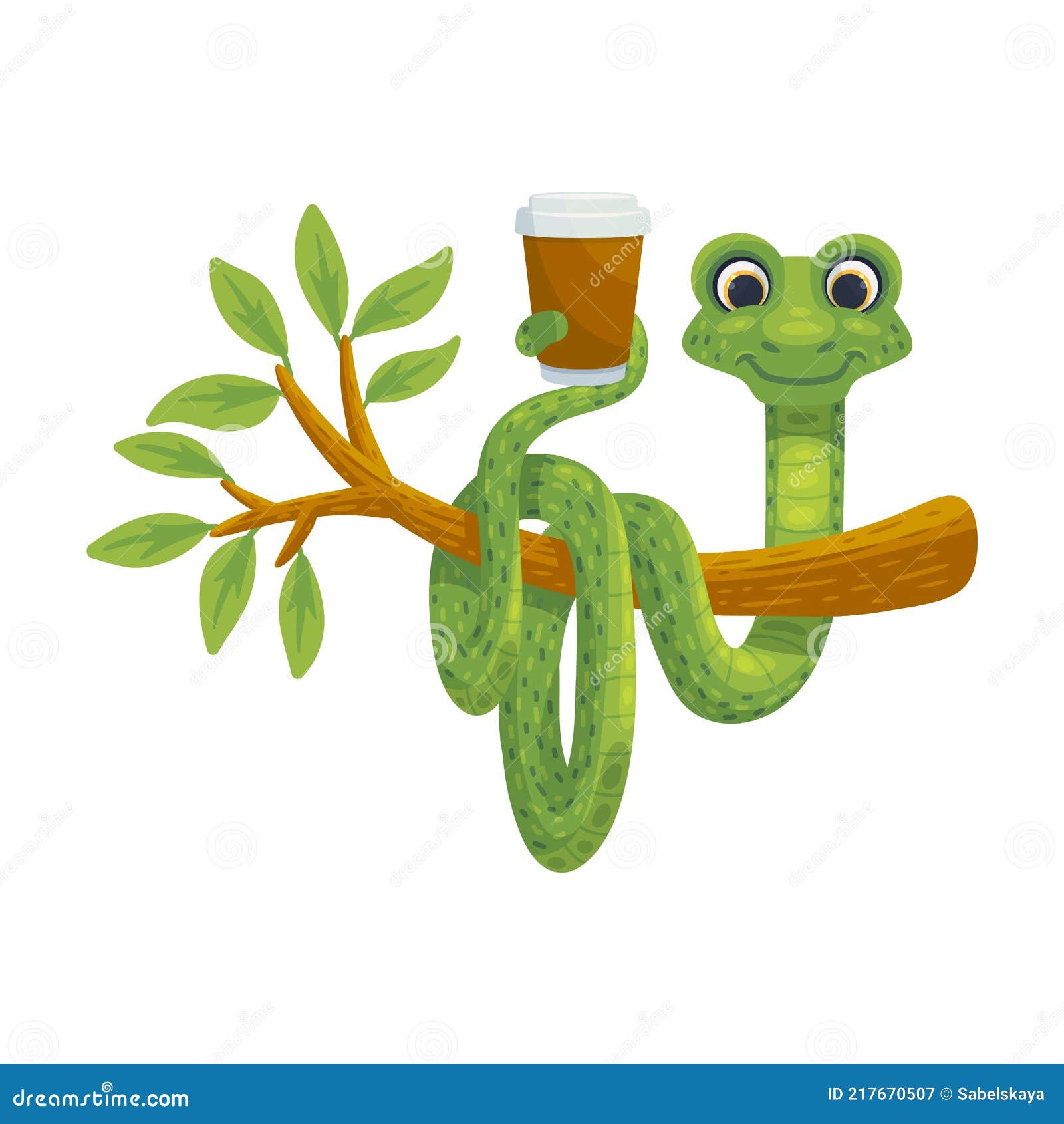 Riet huwelijk ergens Groene Slangen Op Boom Met Een Kop Koffie-vlakke Vectorillustratie  Geïsoleerd. Vector Illustratie - Illustration of geïsoleerd, nave: 217670507
