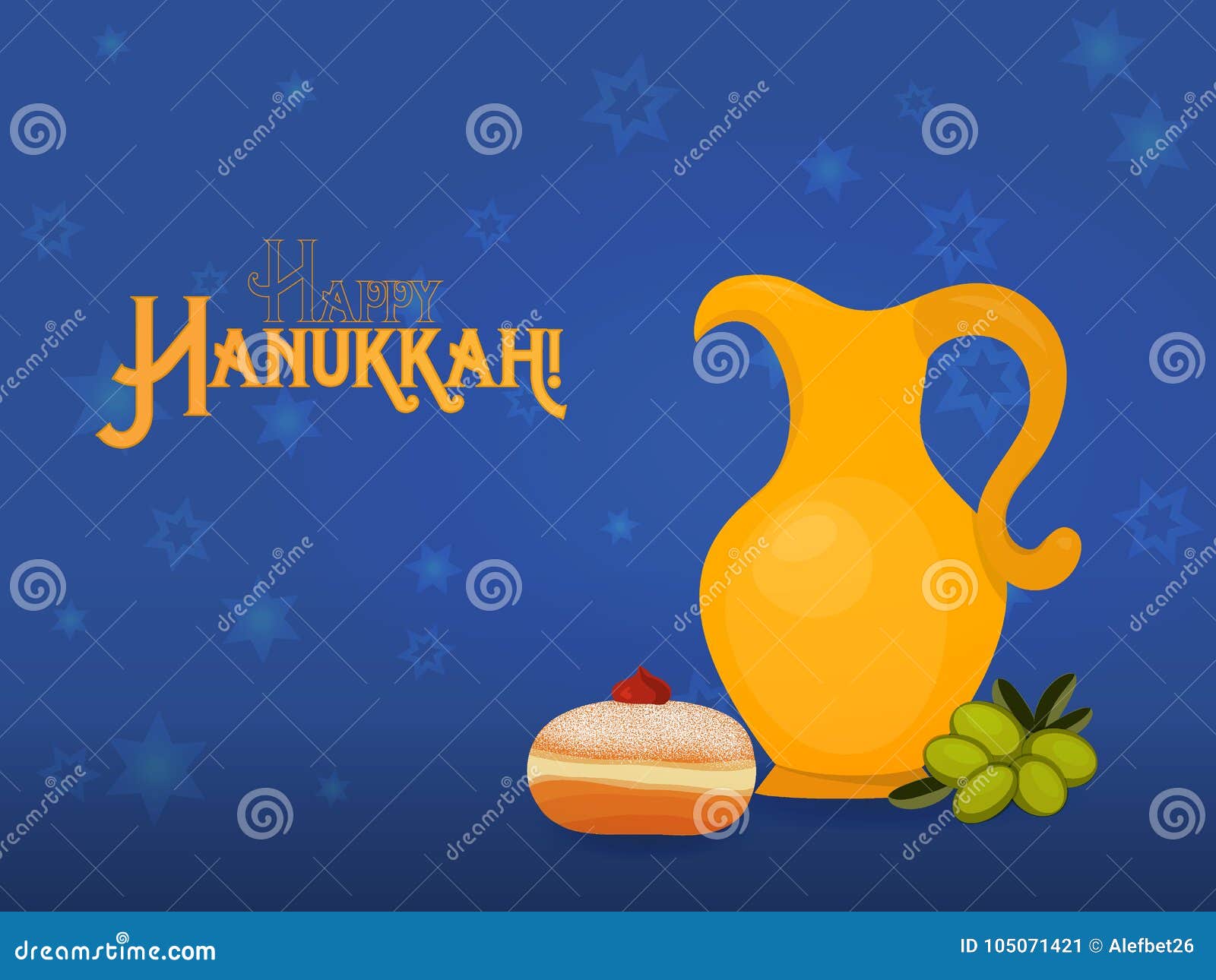 Chanoeka sufganiyah - traditionele doughnut en kruik, met inschrijving - Gelukkige Chanoeka, groetkaart voor Joodse vakantie van Chanoeka Vector illustratie