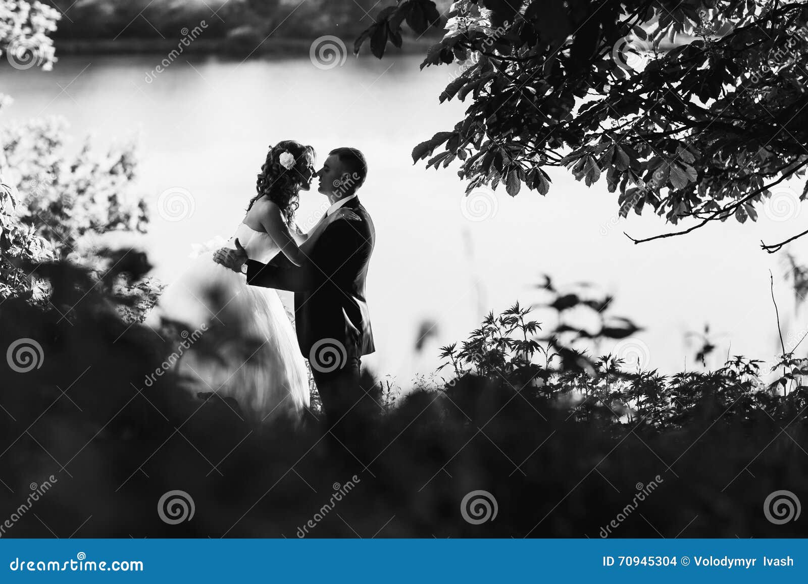 groom and bride on the natire - a kiss behind a lake