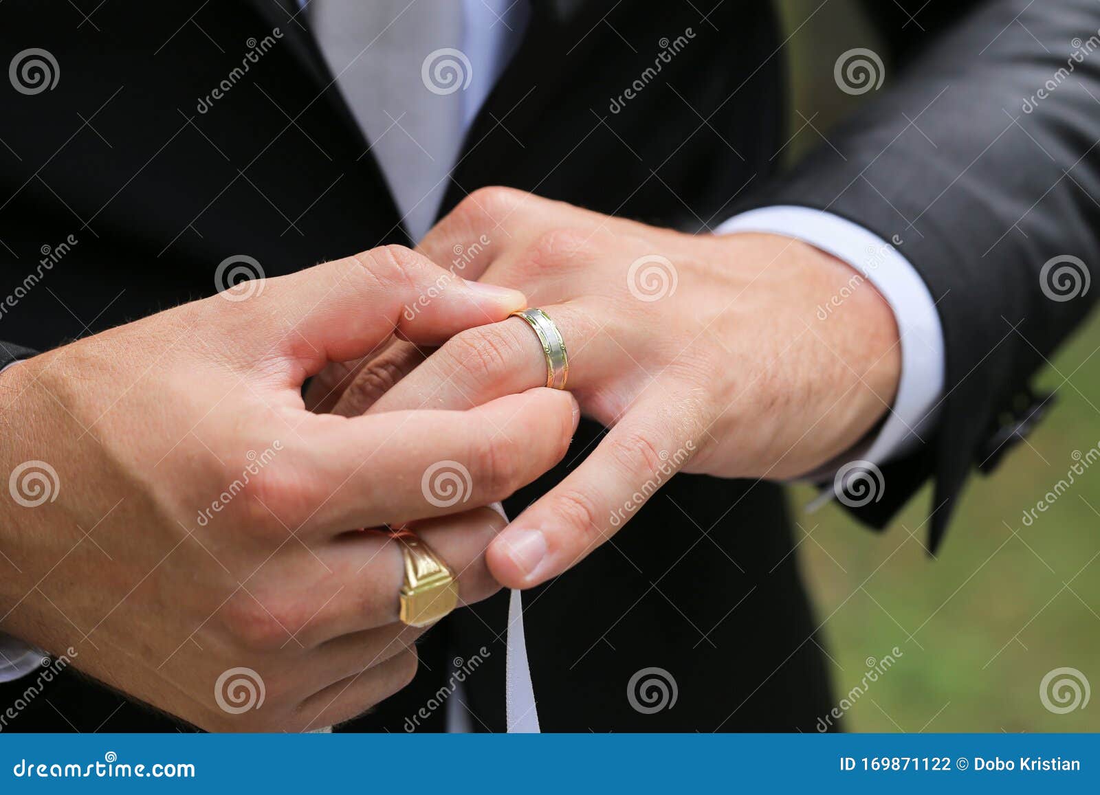 Groom Pulls Up Ring on His Finger Stock Photo Image of lifestyles, engagement 169871122