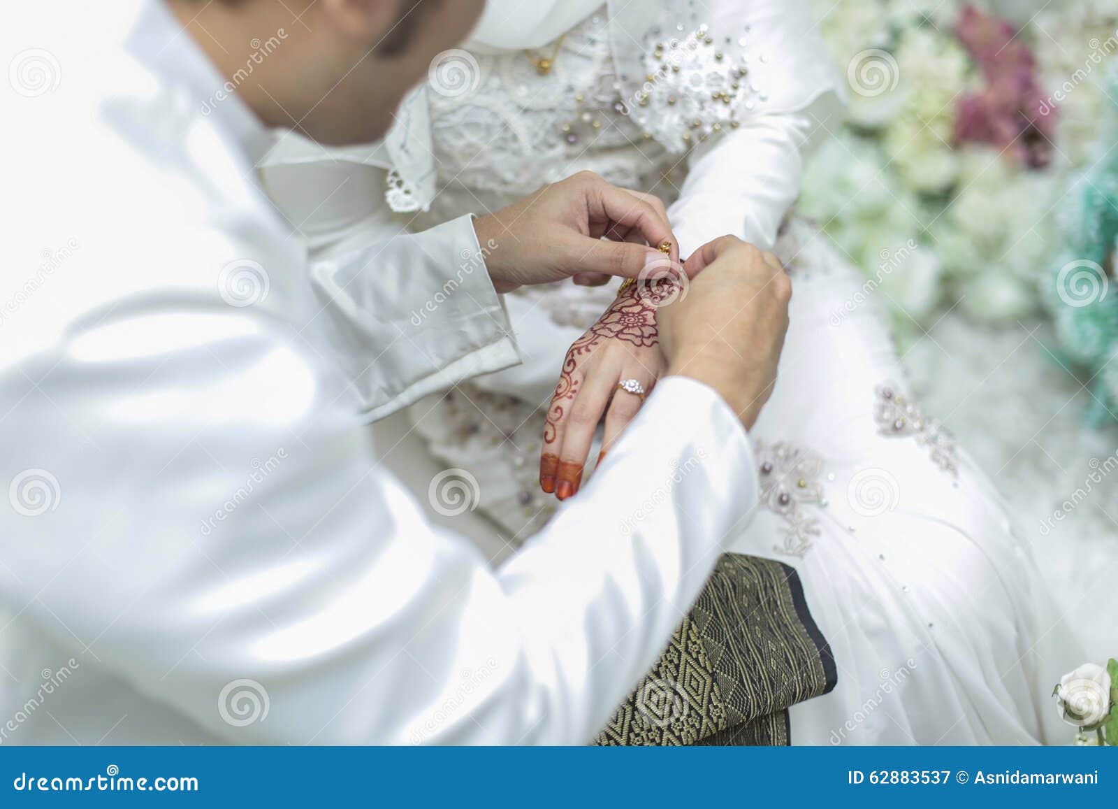 The groom put a wedding ring to the bride hand. shallow dof. selective focus.