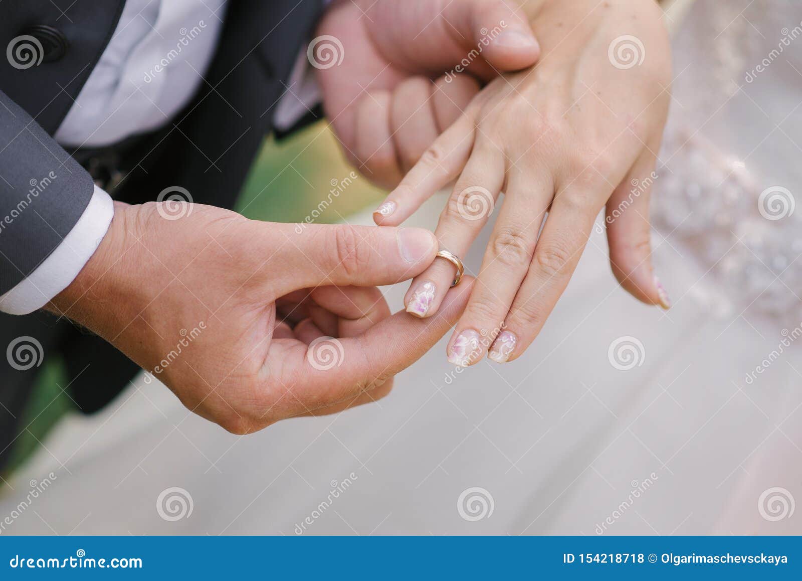 Groom Puts Finger Ring Wedding Bride Registration Marriage Close Up Hands Couple 154218718 