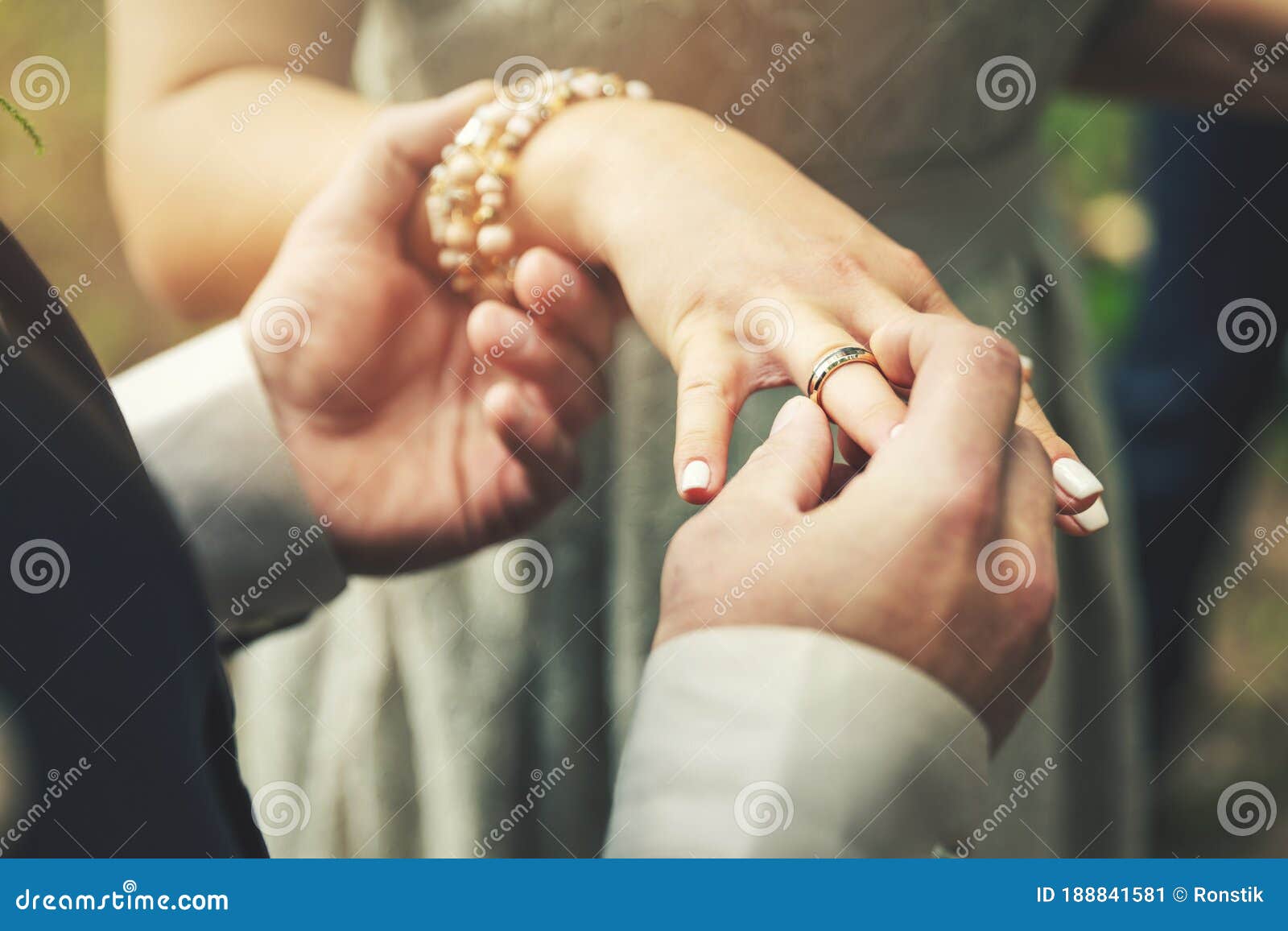 Groom Putting Wedding Ring on Bride Hand Stock Image Image of husband