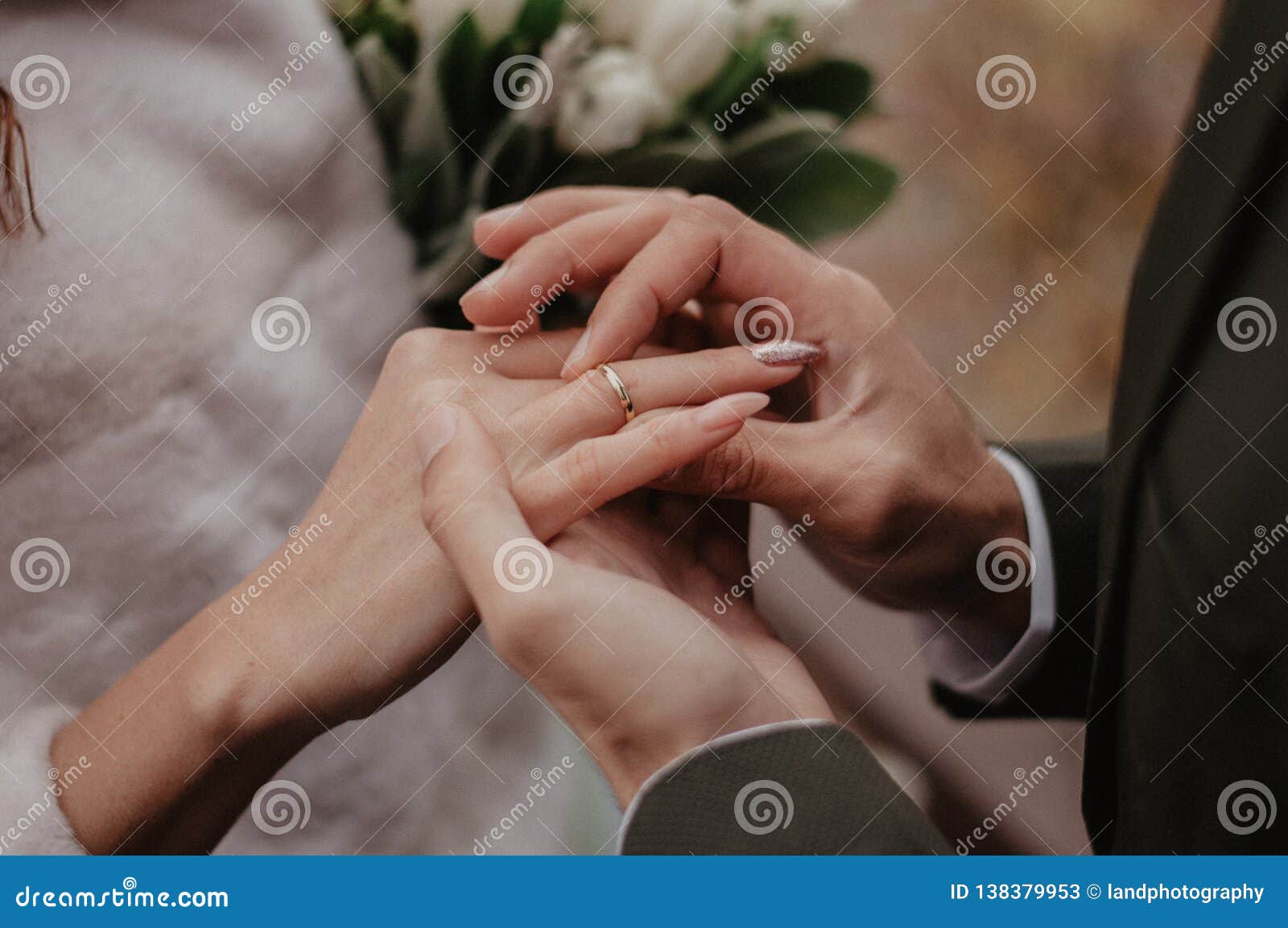 Groom Wears Golden Wedding Ring Bride Finger Groom Wears Golden Wedding Ring Bride Finger Wedding Ceremony 138379953 
