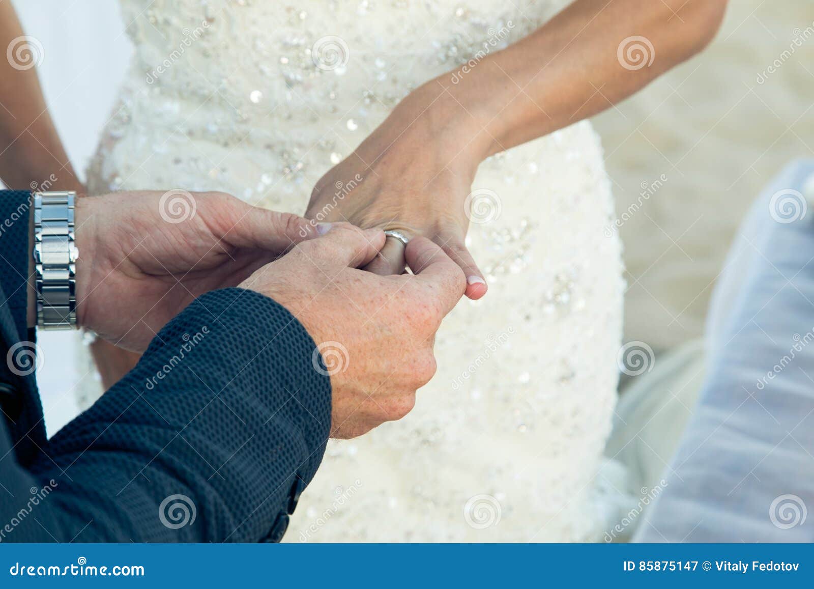 Groom Wears Wedding Ring Finger Bride Close Up 85875147 