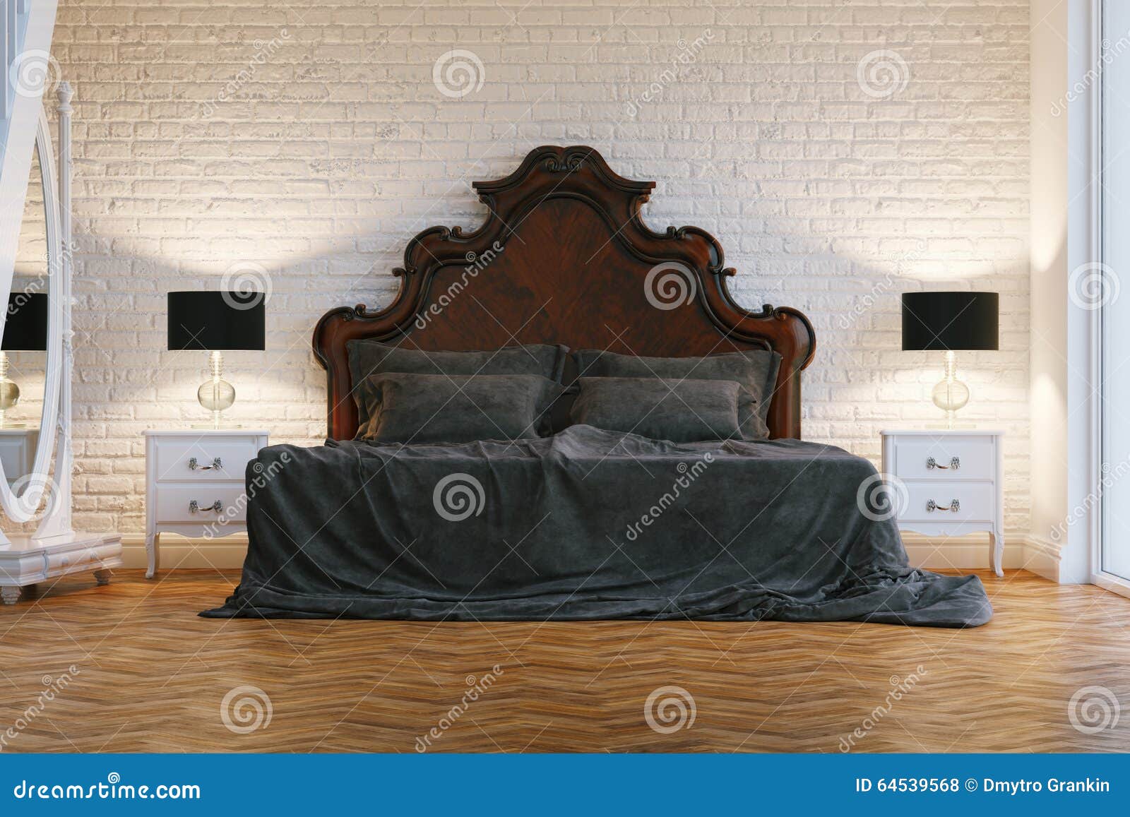 Klassieke slaapkamer met bruin houten bed stock foto afbeelding ...