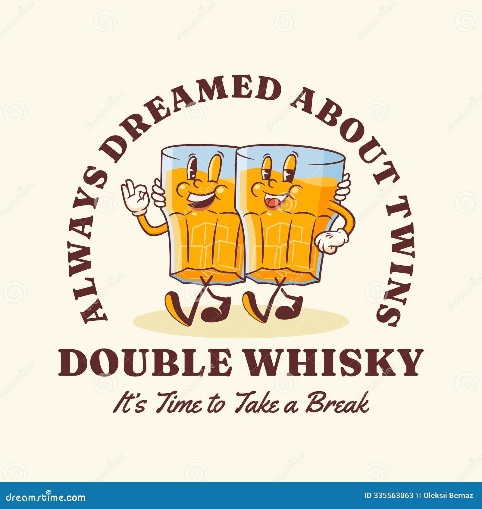 groovy double whiskey retro characters  label. cartoon whisky drinking glass twins walking smiling 
