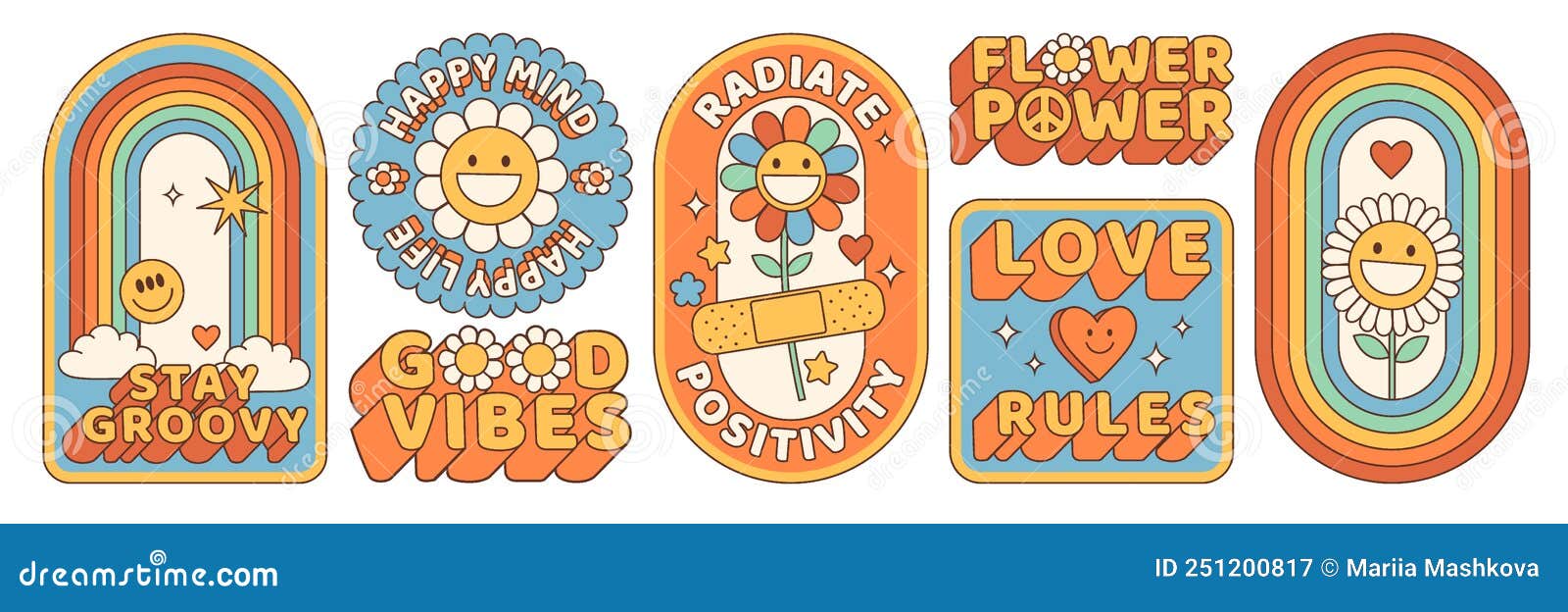 groovy hippie 70s stickers. funny cartoon flower, rainbow, peace, heart in retro psychedelic style.