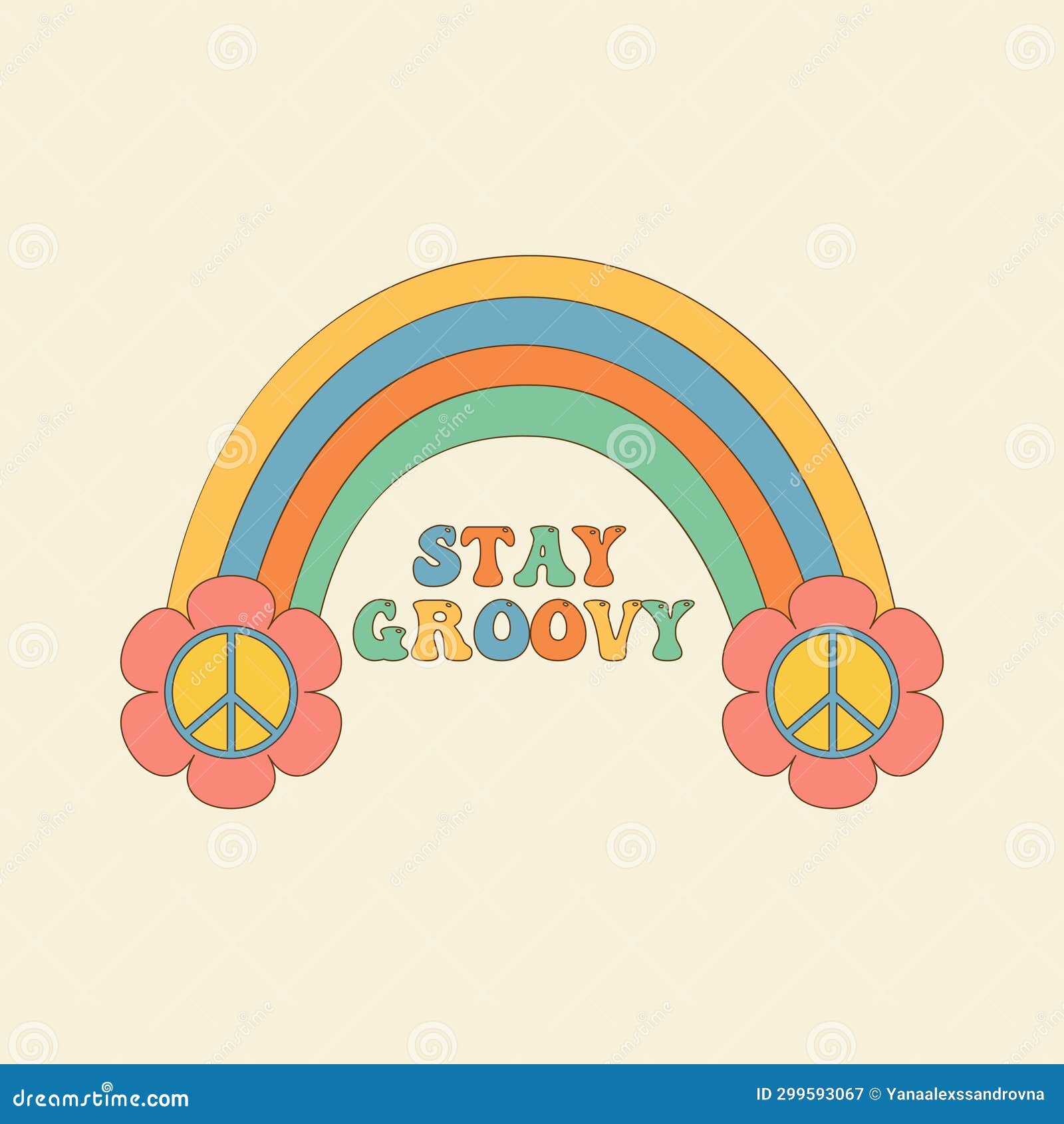 Groovy Rainbow with Daisies and Peace Symbol in a Trendy Retro 70s ...